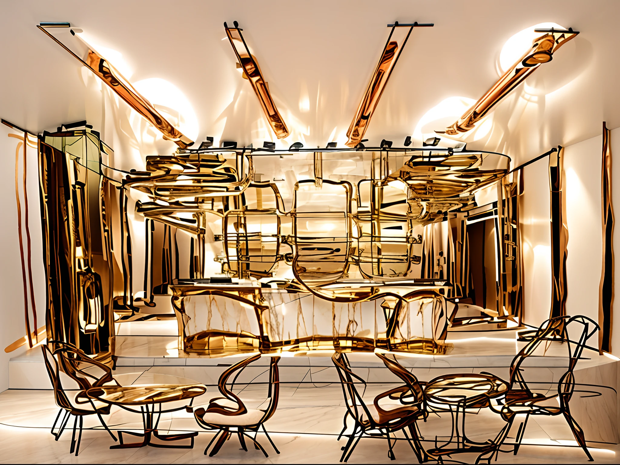 luxury lounge, bar counter, tropical material, sky light, copper decor, fabric chair, stone coffee table, lighting decor, white ceiling, facade wall, oak wood wall, cream marble floor