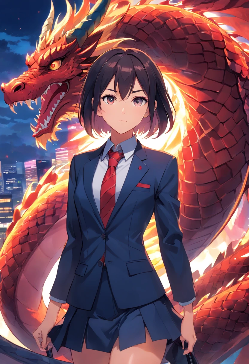anime girl in a suit and tie with a dragon in the background, dragon - inspired suit, by Yang J, human and dragon fusion, pretty Japanese demon girl, pretty girl in demon slayer art, epic and classy portrait, trendin on artstation, crimson attire, black and red suit, highly detailed exquisite fanart, pretty female vampire