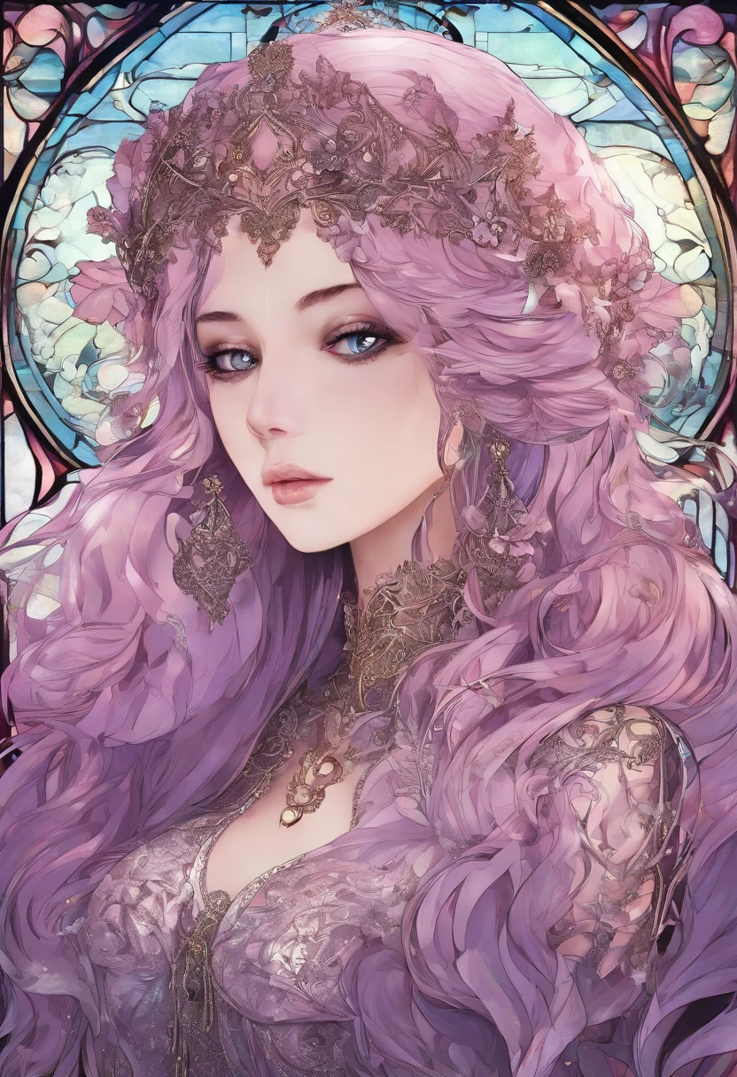 RAW photograph, photorealistic pic of a 17 yo girl, golden skin, pink hair, long hair, scattered, hair blown up by the wind, ((lilac eyes)), perfect face, highly detailed facial features, deep eyes, smile, pink angel wings, angel, iridescent blue feather skirt, fishnet stockings, sliver heels, high-grade lighting, exquisite picture, exquisite eyes, best shadow, best picture quality, best light, rich details, atmosphere, high resolution, masterpiece, stained glass background, Head Tilt, Rich Detail, Fine Background, erotic pose, gothic
