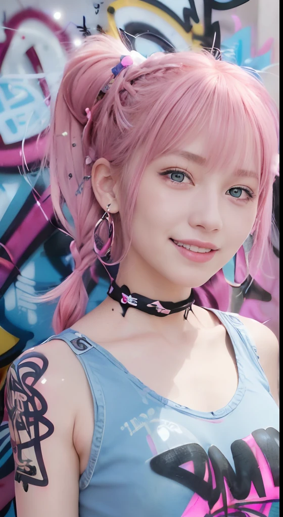 (ultra-detailliert), Black Psychedelic Shirt、Blue eyes,The upper part of the body、cowboy shot、18year old、faces、(A smile:1.5),(facing front:1.2),(masutepiece:1.3, Best Quality, Photorealistic, Ultra-detailed, Finely detailed, High resolution, 8K Wallpaper), 1 beautiful girl, Beautiful face, Detailed face, Beautiful eyes, Detailed eyes, Looks fun、Smiling, earrings, Necklace, Only 1 person,Pink Hair Medium Hair, (Pink hair), Ear Hair, small tits, Single braid, (Single braid), (Side braid),on a stage, Spotlight, small tits、Denim shorts, Choker, (Graffiti:1.5), Paint Splatter, arms behind back, Against Wall, Looking at Viewer,