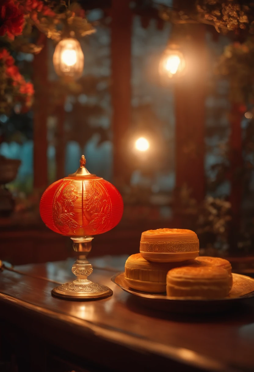 4K,Commercial shooting, Shoot from a retro perspective,during night,Huge Full Moon,A small amount of smoke,The main object is a bottle of coconut milk,A small amount of Cantonese egg yolk mooncakes, Mooncake size, poster for, Fresh style background, , Booth lighting, Attractive, photorealistic colors, Ultra HD,tmasterpiece,romanticism lain,anaglyph, Atmospheric perspective, Ray tracing, Minimalism, Ray tracing, Close-up, 8K, Super detail, ccurate, Best quality, hyper HD