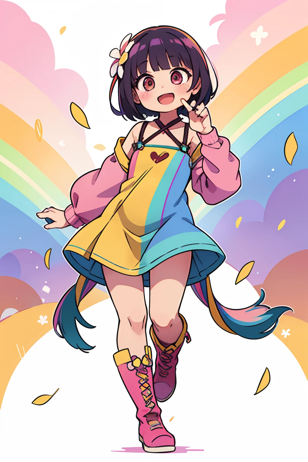 Stand in front of the photo、1girl in,Full body,a short bob, rainbow color Hair,long boots,Open mouth and big smile、kawaii pose、Flowing iridescent silk、up of face、Eye Up、Colorcon with heart pattern、Floral dress、There are flowers even in front of you、flower petals、season!!: springtime☀ 🍂