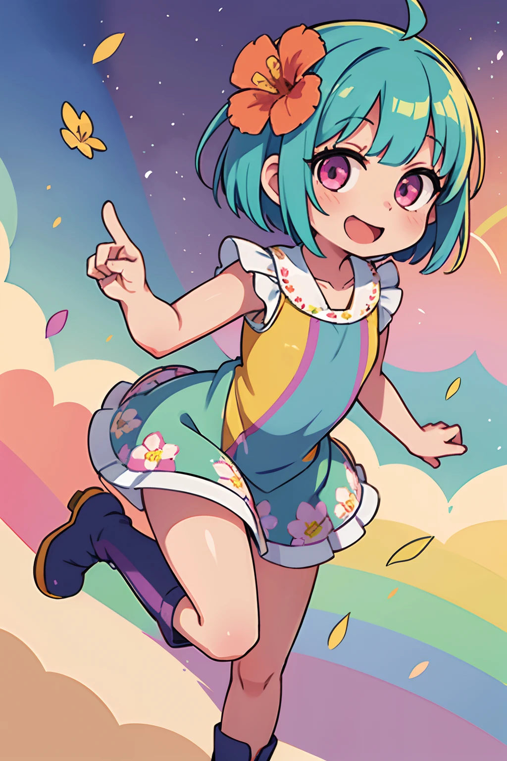 Stand in front of the photo、1girl in,Full body,a short bob, rainbow color Hair,long boots,Open mouth and big smile、kawaii pose、Flowing iridescent silk、up of face、Eye Up、Colorcon with heart pattern、Floral dress、There are flowers even in front of you、flower petals、season!!: springtime☀ 🍂