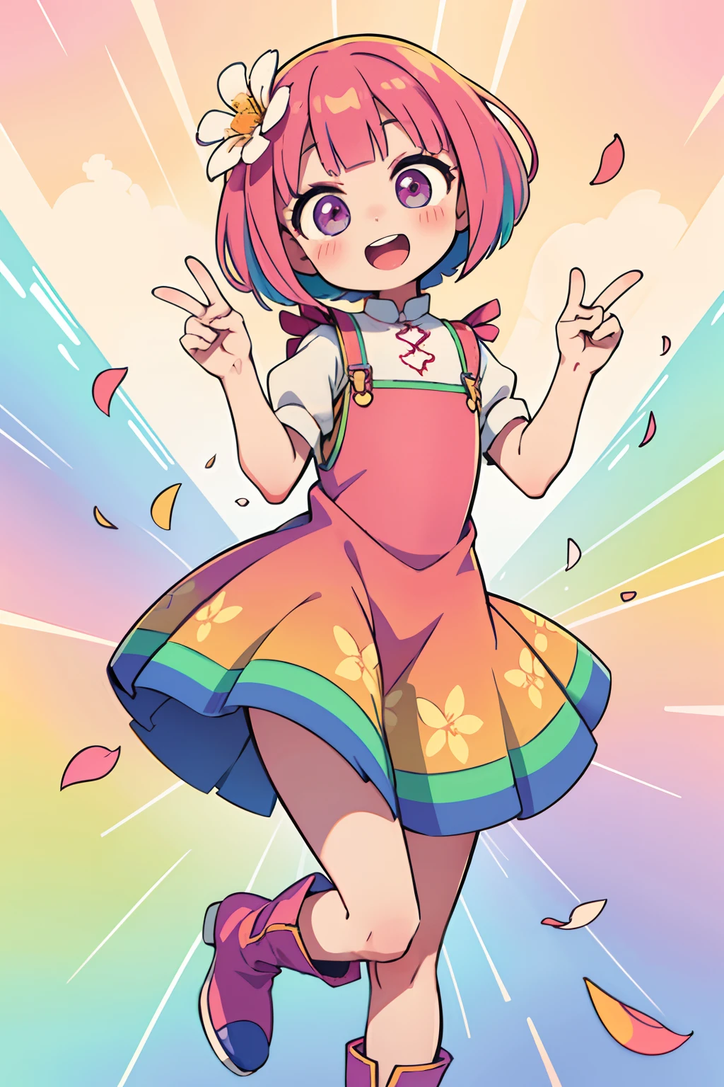 Stand in front of the photo、1girl in,Full body,a short bob, rainbow color Hair,long boots,Open mouth and big smile、kawaii pose、Flowing iridescent silk、up of face、Eye Up、Colorcon with heart pattern、Floral dress、There are flowers even in front of you、flower petals、season!!: springtime☀ 🍂