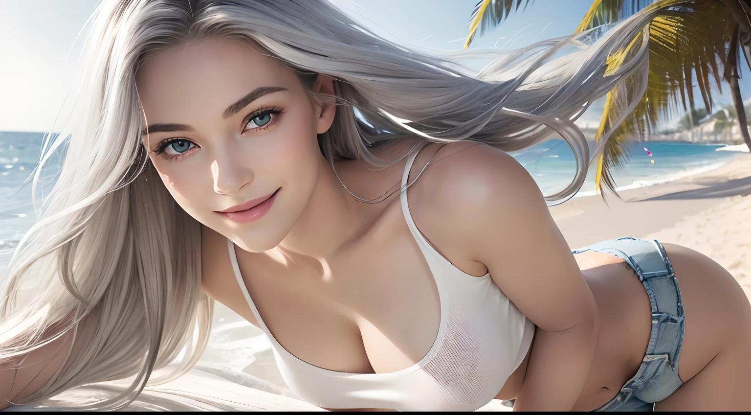 (Masterpiece, Best Quality, Photorealistic, high resolucion, photography, :1.3), (Woman in her 40s, )Close-up shots of faces, Close-up shots of faces, Close-up shots of faces, Sharp focus, (1 Girl, A European girl, Popular models), Realistic skin, Slender body type, Big breasts, (Her long, Pure white silver hair swept to the side, extremely detailed hair), Delicate sexy face, Organoleptic gases, Sparkling lips,(green pupil),(green pupil),(green pupil), ((realisitic, A hyper-realistic, realism, realistic detailed)), (Medium Tits:1.5), (White tank top T-shirt and ripped jean shorts), (A slender waist), (slim thigh), (Small hips), (Sorrisos), (seaside, waves, palm tree) (seaside, waves, palm tree), (Long straight hair), A woman is standing, (Sorrisos), (Sorrisos)