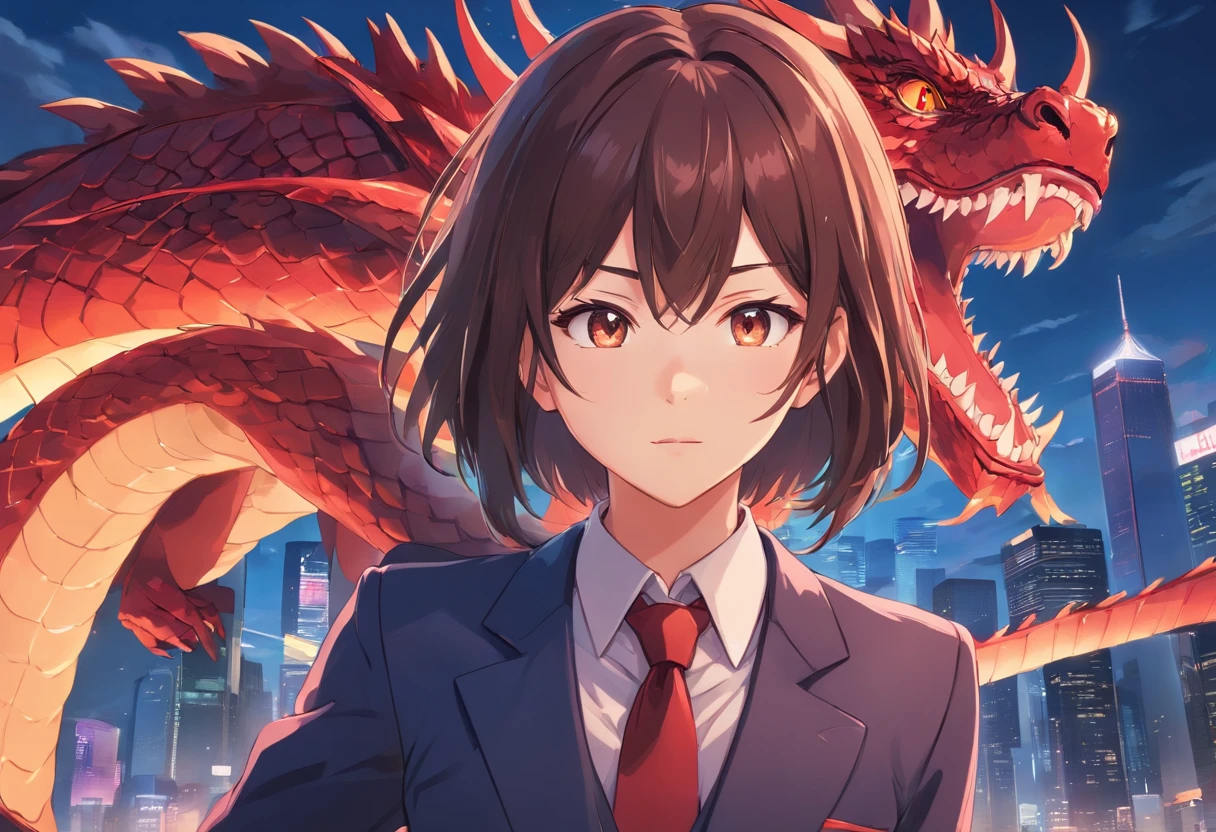 anime girl in a suit and tie with a dragon in the background, dragon - inspired suit, by Yang J, human and dragon fusion, pretty Japanese demon girl, pretty girl in demon slayer art, epic and classy portrait, trendin on artstation, crimson attire, black and red suit, highly detailed exquisite fanart, pretty female vampire