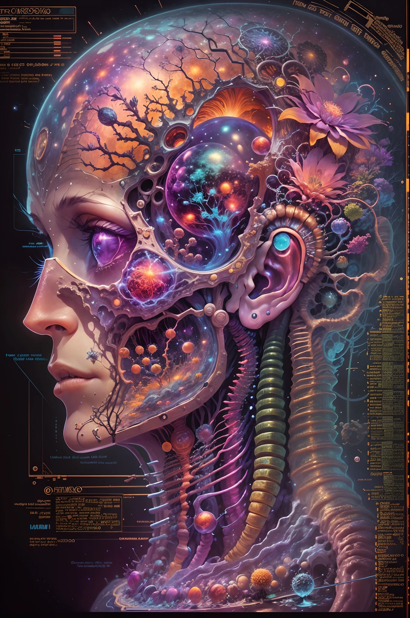 Fantasy00d Technical Diagram, Info graphic, Charts, of A Cosmic Anatomical Human Head, Info Graphic, Scientific, Data Diagram, Nervous System, Galaxy, Vibrant Colors, Midnight Aura, Ultra Detailed, H.R. Giger, Max Ernst, Thomas Kinkade, Robert Gonsalves, dark background, flowervirus,