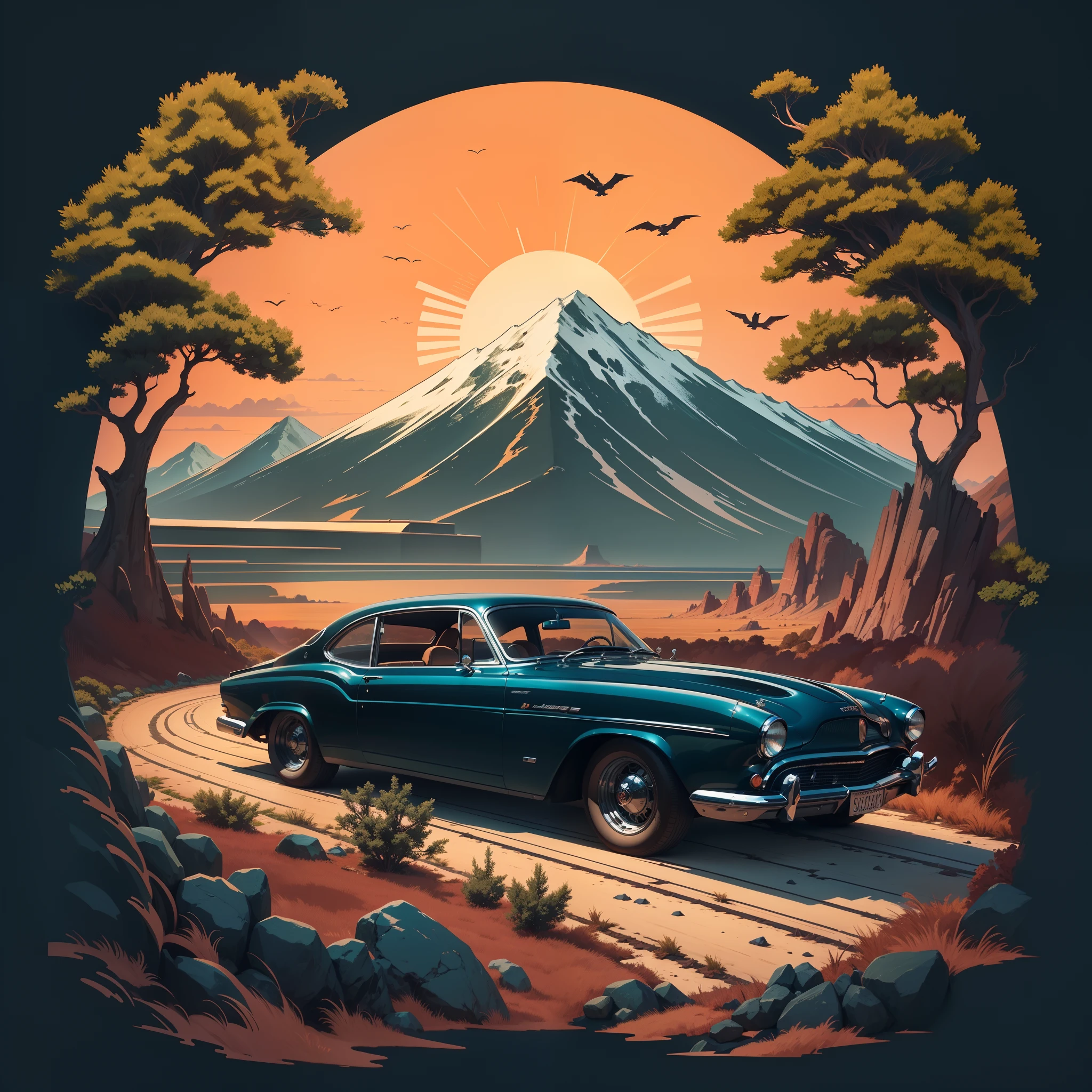 (best quality,4k,highres,masterpiece:1.2),ultra-detailed,(realistic:1.37),T-shirt design,genshin impact graphic,vector,vintage car,scenic landscape,detailed illustration,retro style,designed background,antique car,classic car,artistic rendering,vivid colors,vintage colors,soft lighting,artistic composition,eye-catching design,highly detailed car,exquisite illustration,intense depth of field,classic retro style,beautiful scenery,sunset view,lush greenery,enchanting atmosphere,vectorized artwork,fine lines and curves,atmospheric lighting,stylish and fashionable,classic game-themed design,perfect balance of colors and shapes,iconic characters,striking silhouette,artistic interpretation,nostalgic feel,seamless integration of elements,vector-based graphics,sophisticated and modern,attention to intricate details,emotion-evoking concept,creative and imaginative,blend of realism and fantasy,eye-catching centerpiece,gorgeous gradient background,hand-drawn quality,immersive game experience,unique and captivating design,compelling storytelling,impressive artistic skills,meticulous attention to shading,rich and vibrant imagery,vintage aesthetics,cross-generational appeal,memorable and impactful composition,awe-inspiring scenery.