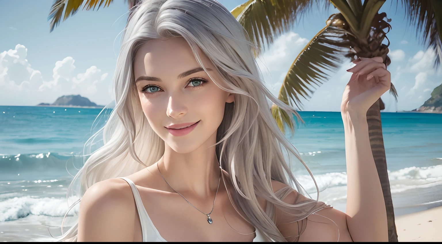 (Masterpiece, Best Quality, Photorealistic, high resolucion, photography, :1.3), (Woman in her 40s, )Close-up shots of faces, Close-up shots of faces, Close-up shots of faces,  Sharp focus, (1 Girl, A European girl, Popular models), Realistic skin, Slender body type, Big breasts, (Her long, Pure white silver hair swept to the side, extremely detailed hair), Delicate sexy face, Organoleptic gases, Sparkling lips,(green pupil),(green pupil),(green pupil), ((realisitic, A hyper-realistic, realism, realistic detailed)), (Medium Tits:1.5), (White tank top T-shirt and ripped jean shorts), (A slender waist), (slim thigh), (Small hips), (Sorrisos),  (seaside, waves, palm tree) (seaside, waves, palm tree), (Long straight hair), A woman is standing, (Sorrisos), (Sorrisos)