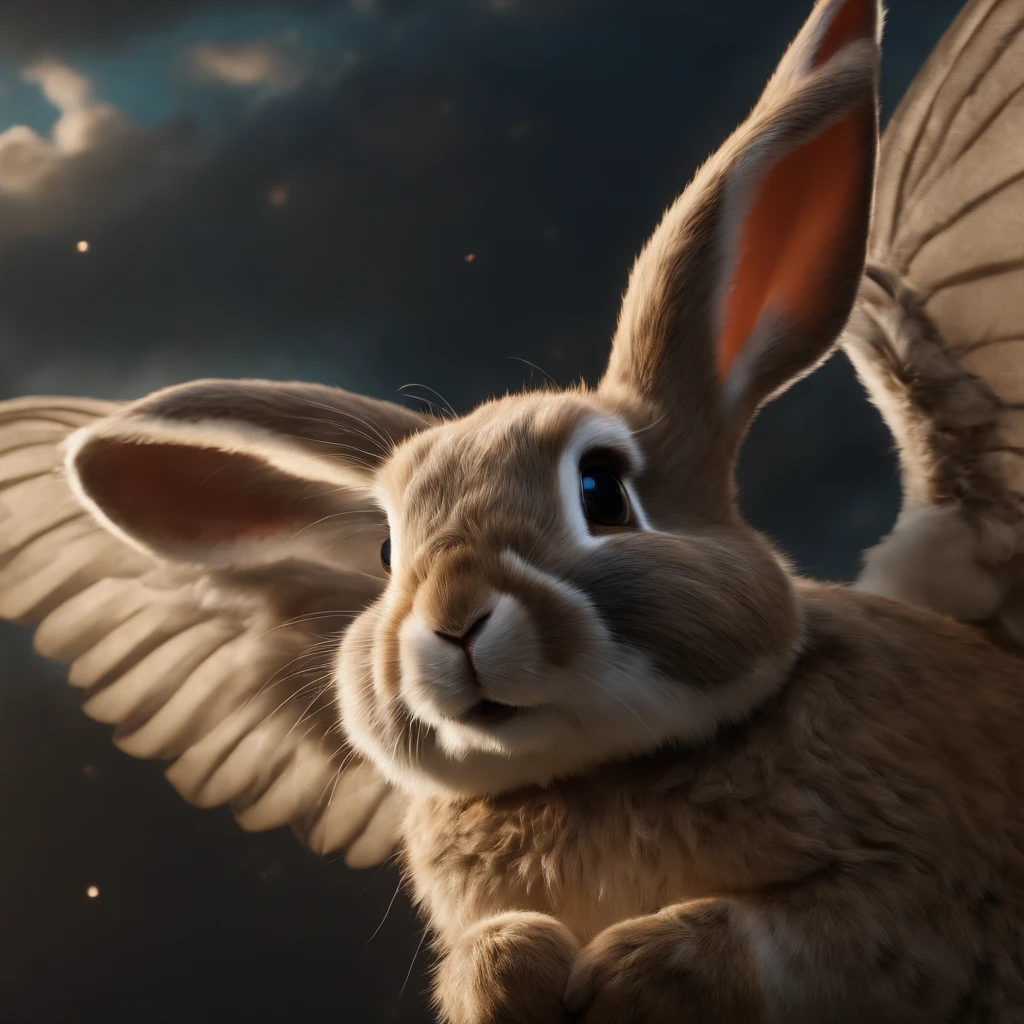 (masterpiece), (extremely intricate:1.3), (realistic), movie screencap, bunny with wings,flying through the sky, 8k, 4k, hd