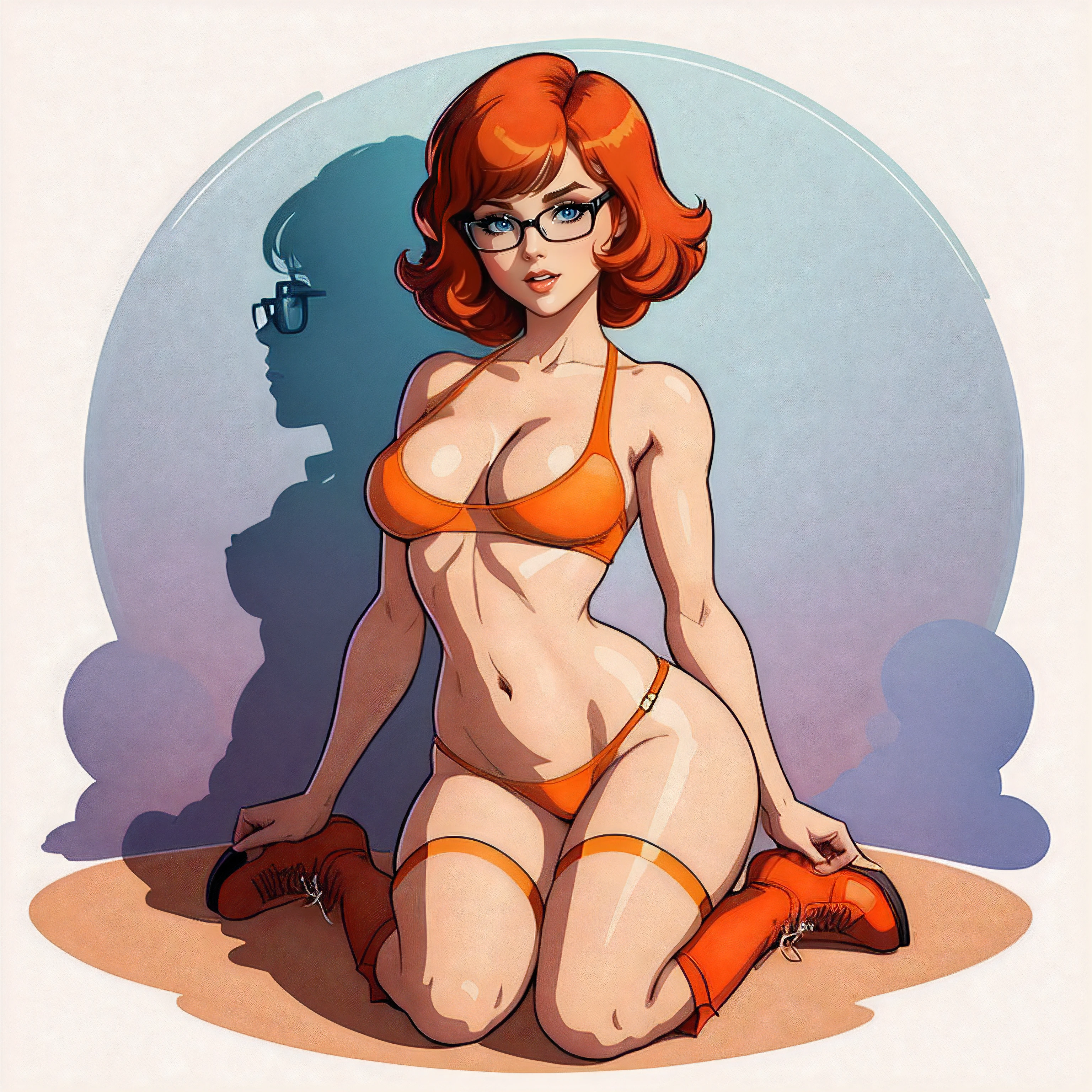 STICKER, A detailed illustration of a vivid Sexy Velma Dinkley from Scooby Doo fully naked, bare breasts, face view, ass view, side by side, model pose, perfect hands, exposed nipples, Beautiful Eyes and Face Details, orange thong, Solo Female, medium breasts, full cleavage, Full Body View, orange high heeled boots, soft nipples, hands behind her back, vintage t-shirt design, in the style of hand drawing, 3D vector art, fantasy art, watercolour effect, Adobe Illustrator, hand-drawn, digital painting, low-poly, soft lighting, isometric style, retro aesthetic, focused on the character, 8K, Best Quality, Masterpiece,