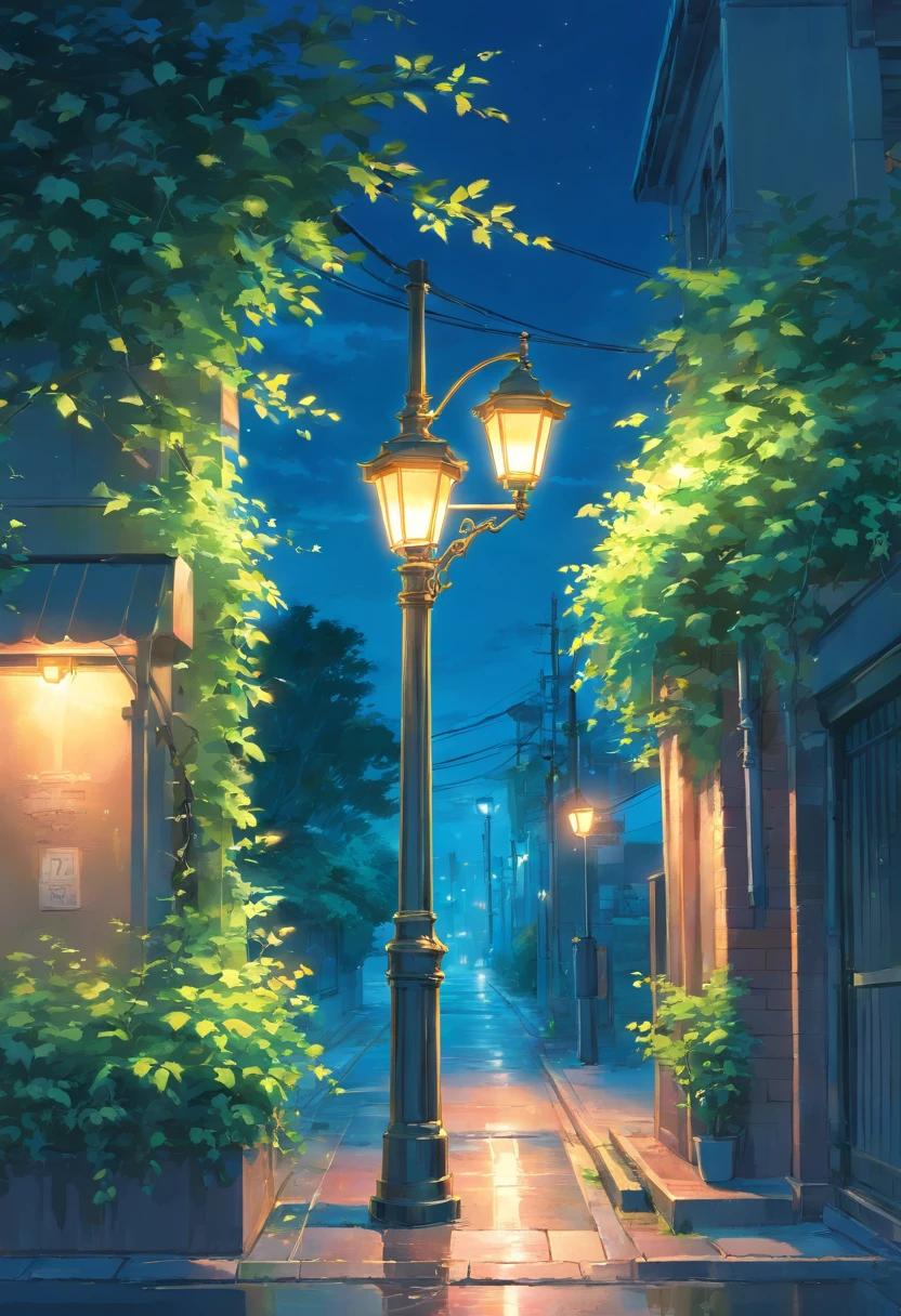 Lamppost covered with vines, Shine at night, Acrylic painting, brush strokes