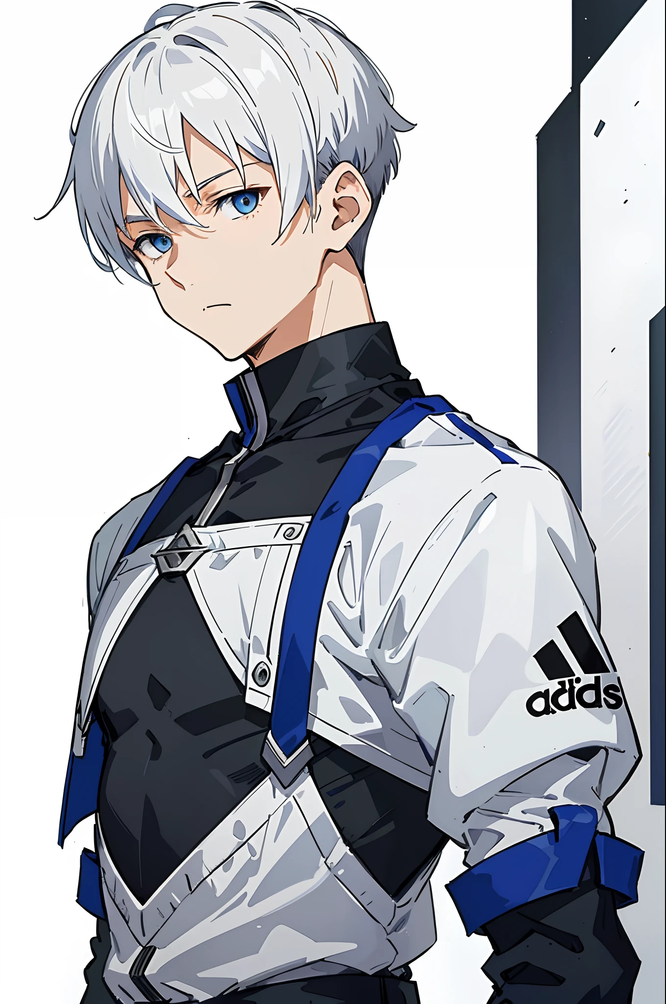 (masterpiece, best quality) detailed, 1man, clothing is a mix of sword art online clothing and a adidas jumpsuit , ((white background)) , Handsome man , White hair , very Short hair, ((crew cut hair style:1 )) , Blue eyes , light skin , ((muscular:1)),masculine ,age 28, gray and black clothes, chest plate ,