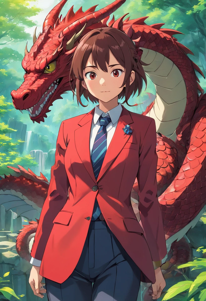 anime girl in a suit and tie with a dragon in the background, dragon - inspired suit, by Yang J, human and dragon fusion, pretty Japanese demon girl, pretty girl in demon slayer art, epic and classy portrait, trendin on artstation, crimson attire, black and red suit, highly detailed exquisite fanart, pretty female vampire