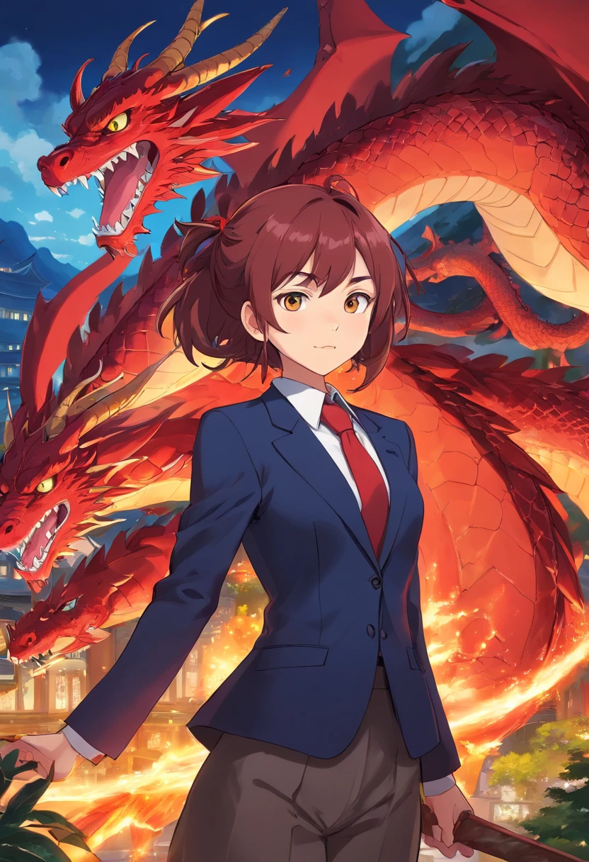 anime girl in a suit and tie with a dragon in the background, dragon - inspired suit, by Yang J, human and dragon fusion, pretty Japanese demon girl, pretty girl in demon slayer art, epic and classy portrait, trendin on artstation, crimson attire, black and red suit, highly detailed exquisite fanart, pretty female vampire