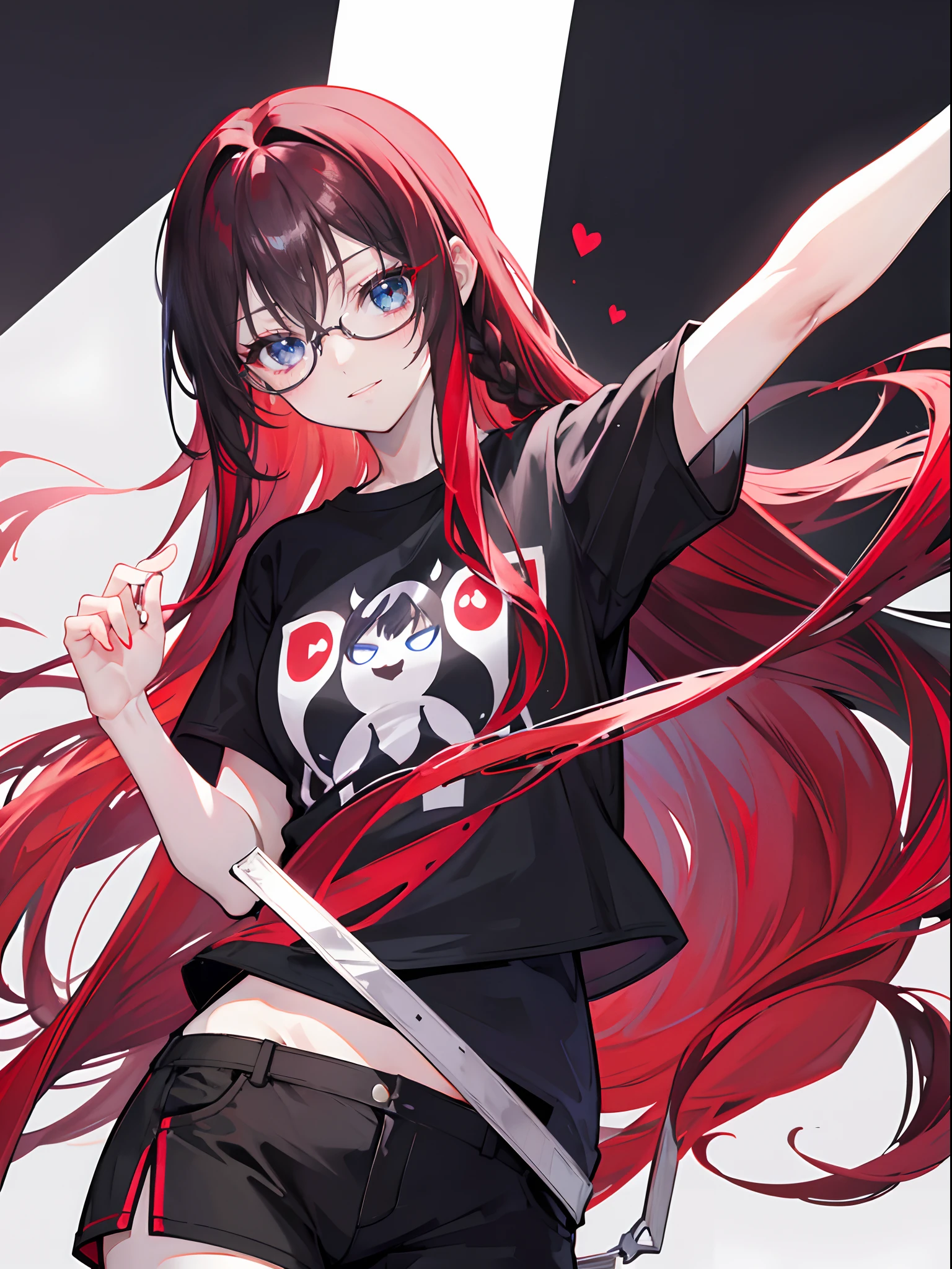 Pretty long black red hair..., Red Highlights, Bright blue eyes.,detailed face,Shy Expression,18 year old girl,black shirt, white shorts,Left Braid,eyeglasses,Smiley face