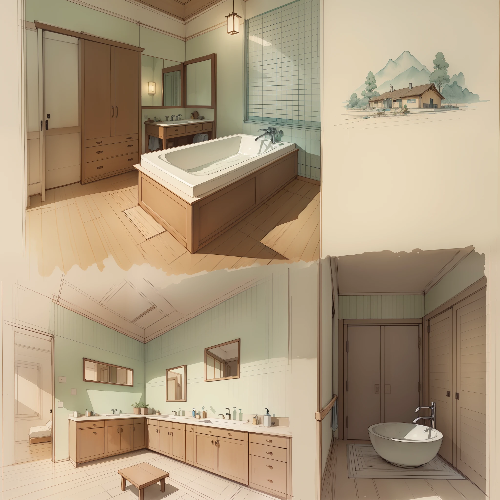sketches of a hotel room and bathroom with a bed and a sink, a sketch by Hiroshi Honda, flickr, conceptual art, colorful architectural drawing, architectural illustration, interior design details, visual development, interior design architecture, concept art h 8 0 0, watercolor illustration style, traditional japanese concept art, furniture design sheet, architecture drawing, design sheet,