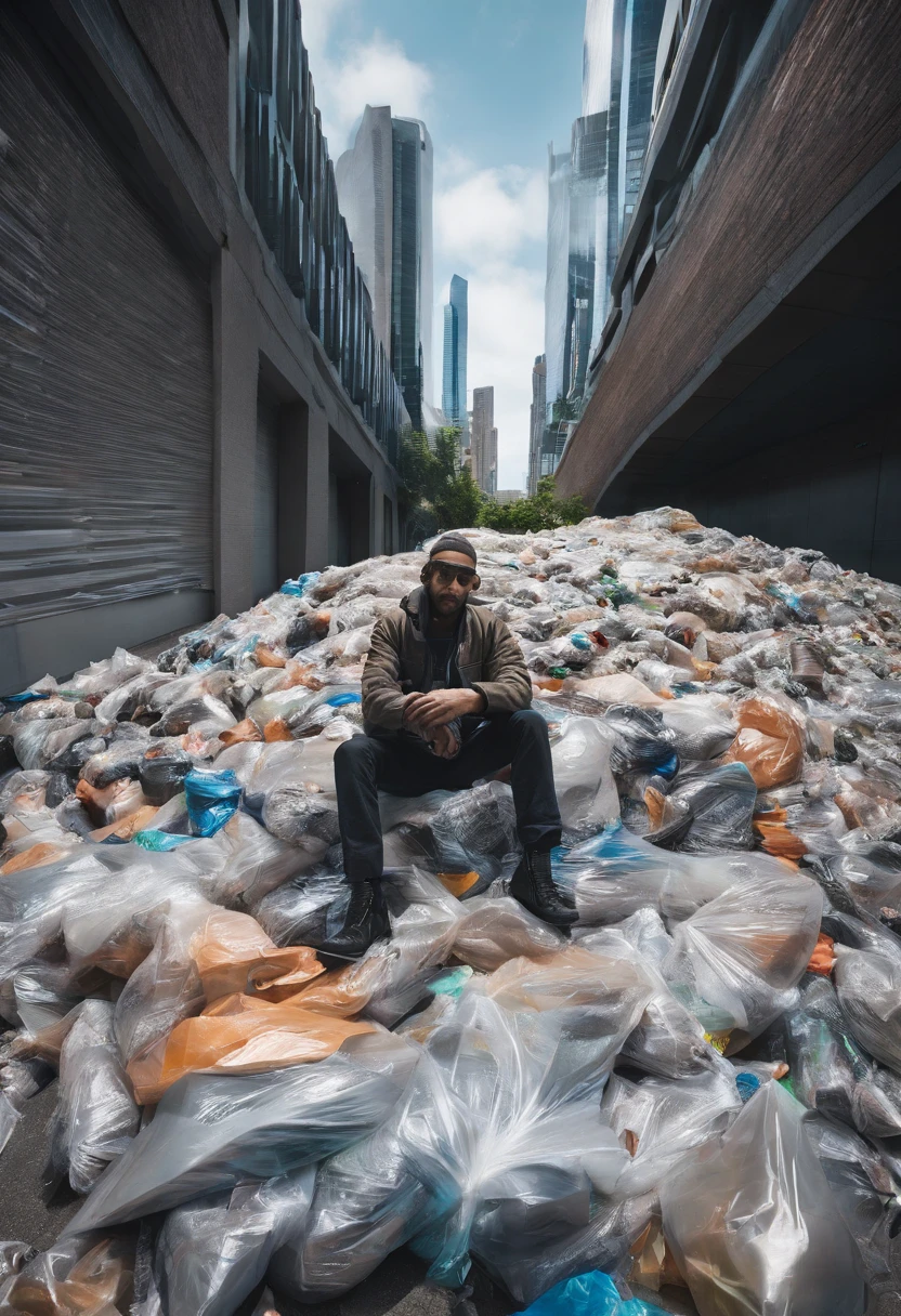 A homeless man lies on a pile of garbage bags