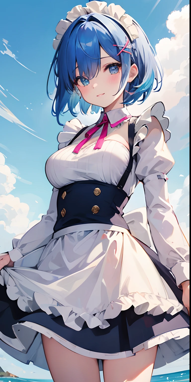 1girl, solo, breasts, looking at viewer, blush, short hair, mouth, lips, smiling, teeth, blue eyes, hair ornament, dress, ribbon, medium breasts, blue hair, hair ribbon, outdoors, sleeves highlighted, sky, day, hair over one eye, apron, blue sky, maid, maid headdress, legs, thighs, x hair ornament, pink ribbon, roswaal mansion maid uniform
