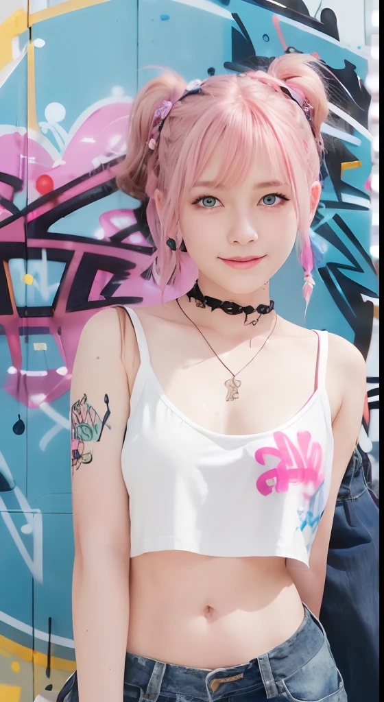 (ultra-detailliert), Black Psychedelic Shirt、Blue eyes,The upper part of the body、cowboy  shot、18year old、faces、(A smile:1.5),(facing front:1.2),(masutepiece:1.3, Best Quality, Photorealistic, Ultra-detailed, Finely detailed, High resolution, 8K Wallpaper), 1 beautiful girl,  Beautiful face, Detailed face, Beautiful eyes, Detailed eyes, Looks fun、Smiling, earrings, Necklace, Only 1 person,Pink Hair Medium Hair, (Pink hair), Ear Hair, small tits, Single braid, (Single braid), (Side braid),on a stage, Spotlight, small tits、Denim shorts, Choker, (Graffiti:1.5), Paint Splatter, arms behind back, Against Wall, Looking at Viewer, arm band, Thigh strap, paint on body,