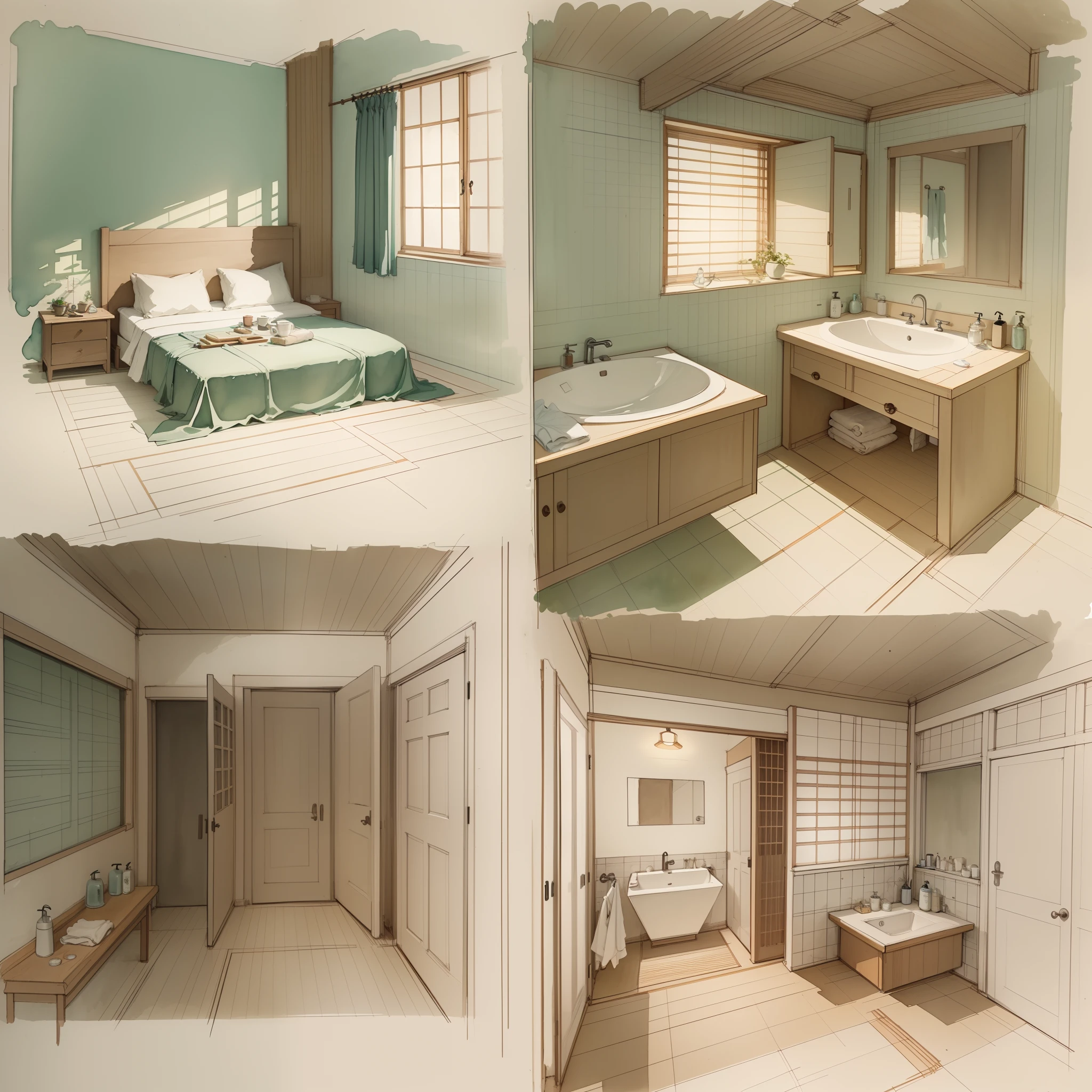 sketches of a hotel room and bathroom with a bed and a sink, a sketch by Hiroshi Honda, flickr, conceptual art, colorful architectural drawing, architectural illustration, interior design details, visual development, interior design architecture, concept art h 8 0 0, watercolor illustration style, traditional japanese concept art, furniture design sheet, architecture drawing, design sheet,