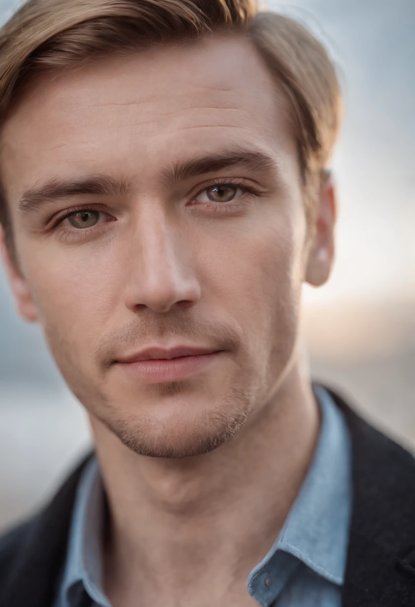 RAW photo, a (potrait:1.2) of a intelligent man, (high detailed skin:1.2), 8k uhd, dslr, soft lighting, high quality, film grain, Fujifilm XT3, blond toffee hair, short medium fade hairstyle, 34 years old