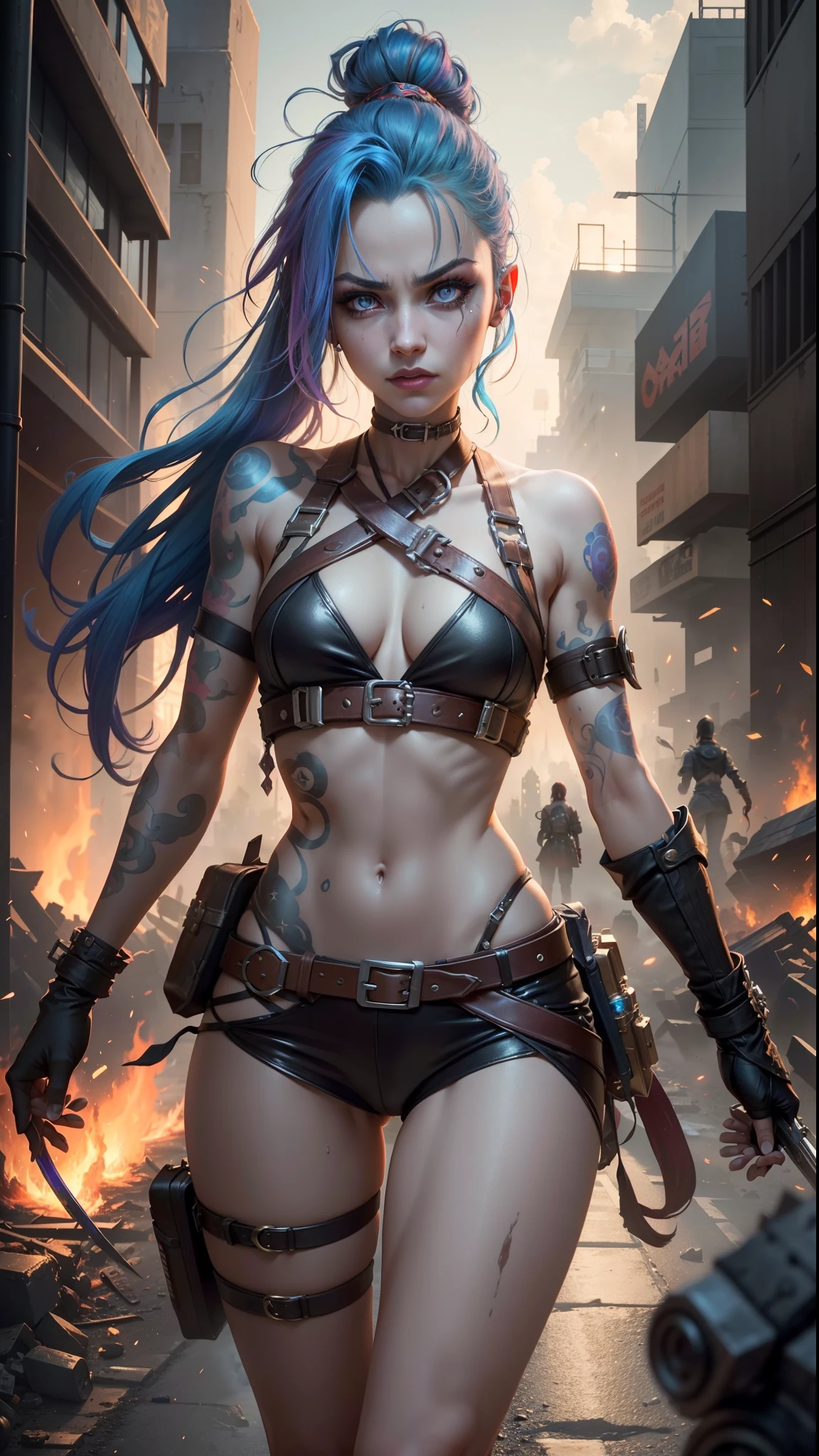 ((Best quality)), ((masterpiece)), (highly detailed:1.3), 3D, arcane style,In the dark and courageous dystopian city of Piltover, plagued by violence and divided into two opposing factions, a young prodigy named Jinx emerges. Having endured unimaginable loss and abandonment, she embraced a life of chaos and destruction. Known for her inventive and explosive abilities, Jinx becomes an icon of rebellion against the oppressive forces that control the city. However, haunted by guilt and battling inner demons, she must confront her past and decide whether to continue on the path of anarchy or seek redemption amid the turmoil. Explore Jinx's journey as she navigates a treacherous world, fighting for survival, unlocking secrets, and discovering the true meaning of her twisted existence, chaos reigns supreme, and at the center of it all is Jinx, the embodiment of unpredictability. Delve deep into Jinx's twisted mind, exploring the origins of his madness and the driving force behind his destructive nature. Unravel the moments that shaped her into the crazed, iconic character we know. Take us on a wild journey through the vibrant streets of Piltover and the shadowy suburb of Zaun as Jinx wreaks havoc with his explosive arsenal. Can redemption find its way into Jinx's fractured soul? Or will she dance forever on the edge of sanity, embracing the chaos that fuels her very existence? Arcane's fate hangs in the balance as Jinx's path intertwines with unlikely allies and formidable enemies. Ignite your imagination and paint a vivid portrait of Jinx's distorted psyche, capturing the essence of her madness and the indomitable spirit that defines it, HDR (High Dynamic Range), Ray Tracing, NVIDIA RTX, Super-Resolution, Unreal 5, Subsurface Scattering, PBR Texturing, Post-processing, Anisotropic Filtering, Depth of Field, Maximum Clarity and Sharpness, Multit Textures