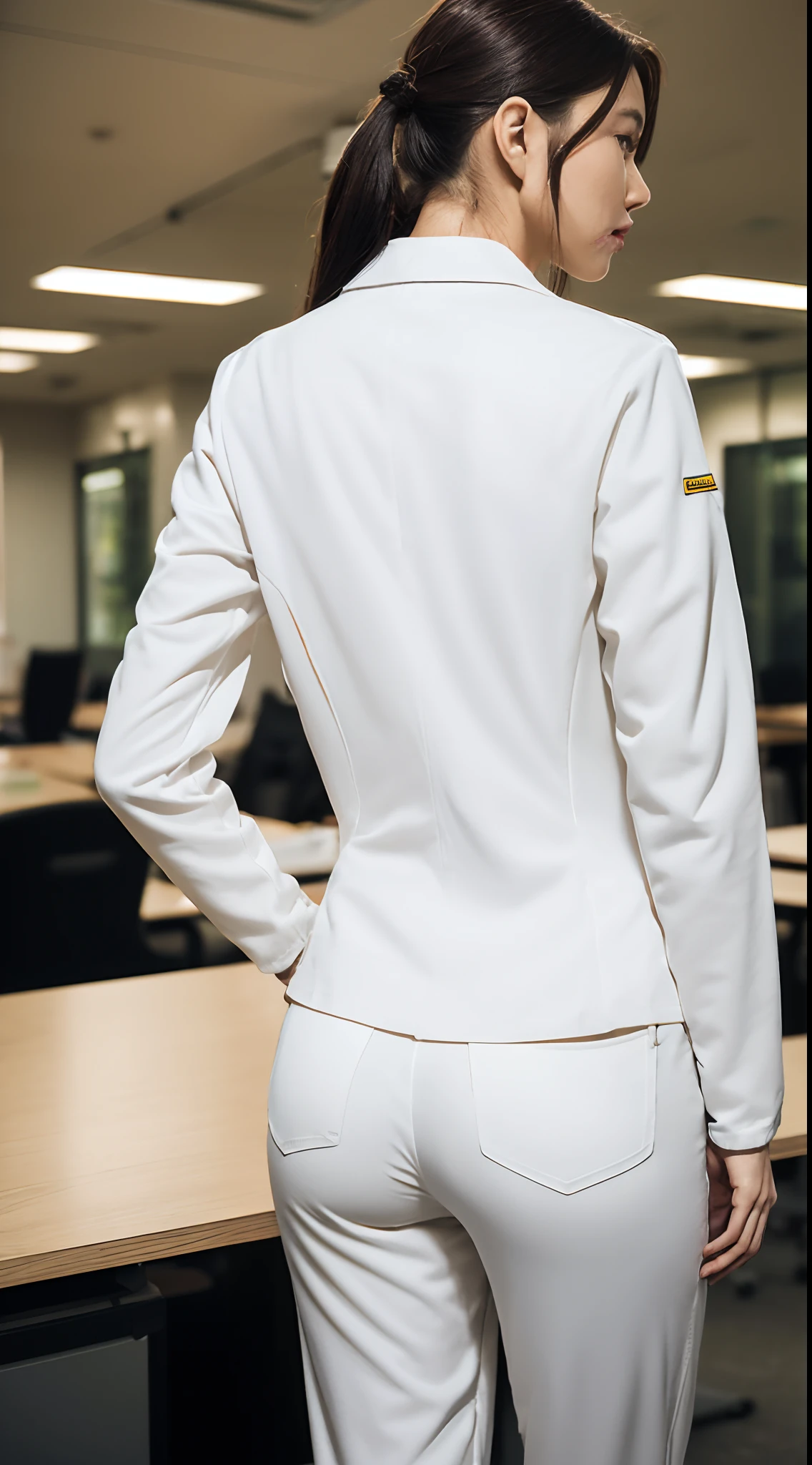 masutepiece, Best Quality, 超A high resolution,(photographrealistic:1.4) (depth of fields),(Lens Glow) , jaket:1.5、Inside the office:1.5、a Pretty Japanese woman1a person:1.5、(Workwear Pants:1.5)、Facing backwards、(White workwear:1.5)、facing back、cold stare、