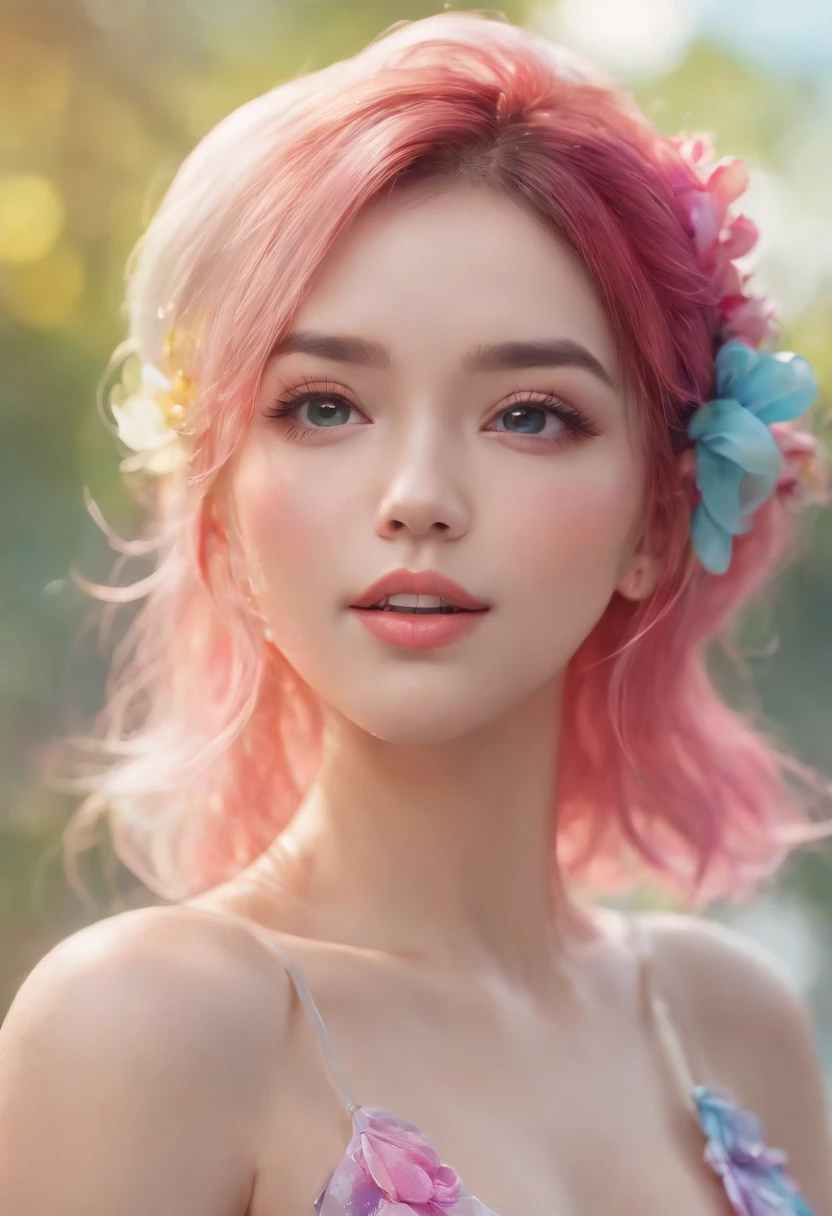 (focus detailed mouth), (teeth), (ear) ,anime girl with colorful hair and a colorful dress, rossdraws pastel vibrant, rossdraws cartoon vibrant, anime style 4 k, beautiful anime portrait, artgerm colorful!!!, ! dream artgerm, beautiful anime girl, anime styled digital art, anime art wallpaper 4k, anime art wallpaper 4 k, digital anime art, extremely detailed artgerm