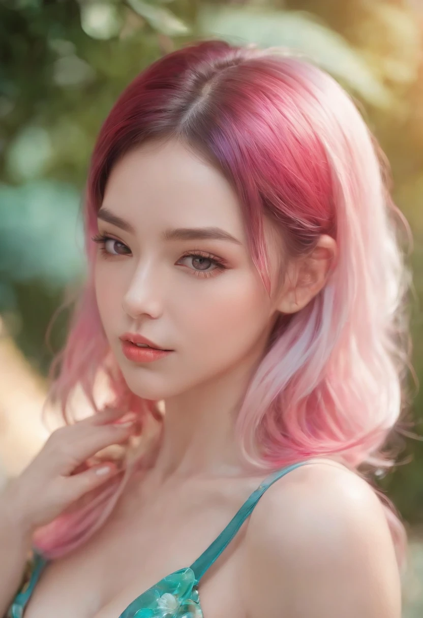 1 girl, (highest quality:1.4), (super detailed), (detailed light), (Highly detailed beautiful face), wonderful face and eyes, pink hair, pink eyes, Beautiful sheer lace details, beautiful breasts, nipple, Highly detailed CG integrated 8k wallpaper, High resolution raw color photos, professional photos, dynamic lighting, (((Bokeh))), Depth of bounds written,