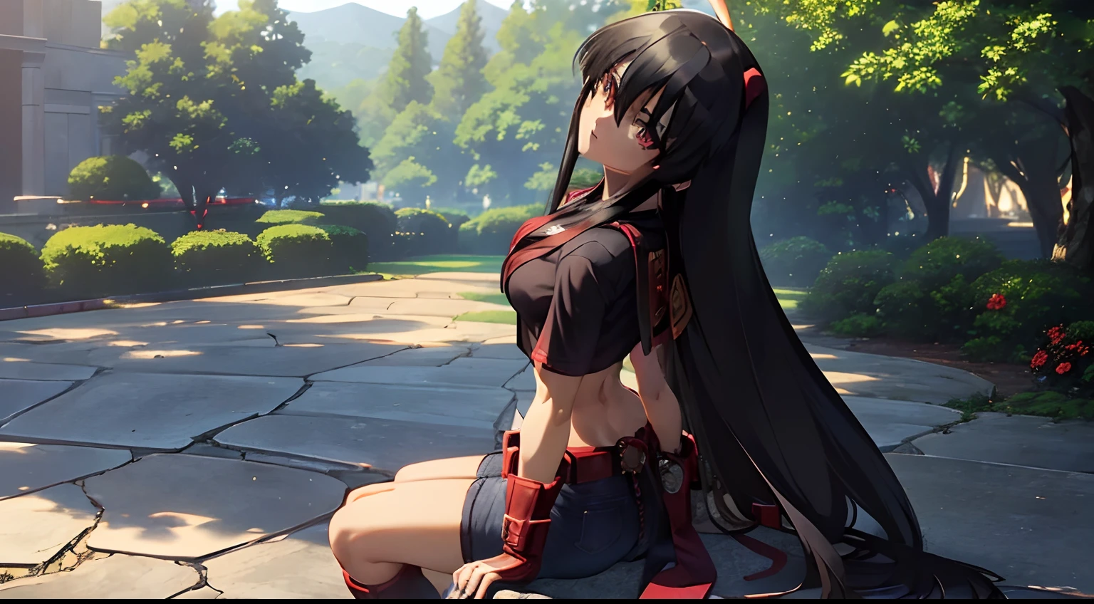 akame , (masterpiece, best quality), beautiful red eyes,shiny skin,sharp eyes,insanely detailed face,contrapposto, (very long hair))),(((solo, 1girl,))), black hair, ((medium breasts)),((cap hat black t- shirt,short jeans )),hair between eyes, ass, big eyes,full body, on streets