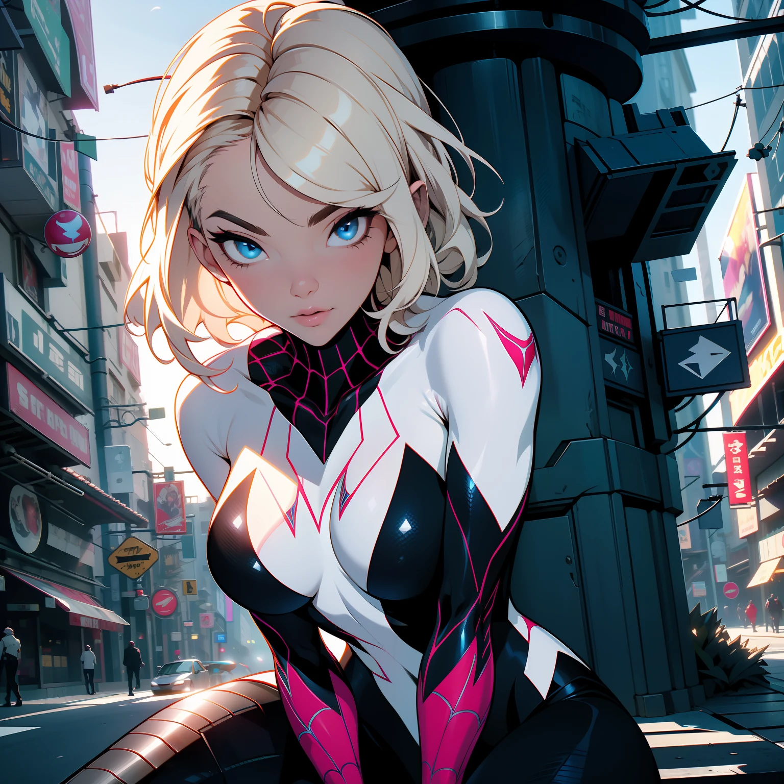 (masterpiece, best quality), (detailed face and eyes) (cowboy shot) SpiderGwen, Gwen, Ghost Spider, big breasts, beautiful girl,mains entre les jambes, H-cup, ( sitting on top of a building ), big breasts, cleveage (detailed beautiful eyes) full body shot, underboob, full-body shot, spiderman logo, web pattern clothes, organic-looking clothing, symbiote, eyes, fine art, PS5 cinematic screenshot, highly detailed detailed cinematic rendering, ultra photorealistic raytricing, with cinematic lighting, abstract background
