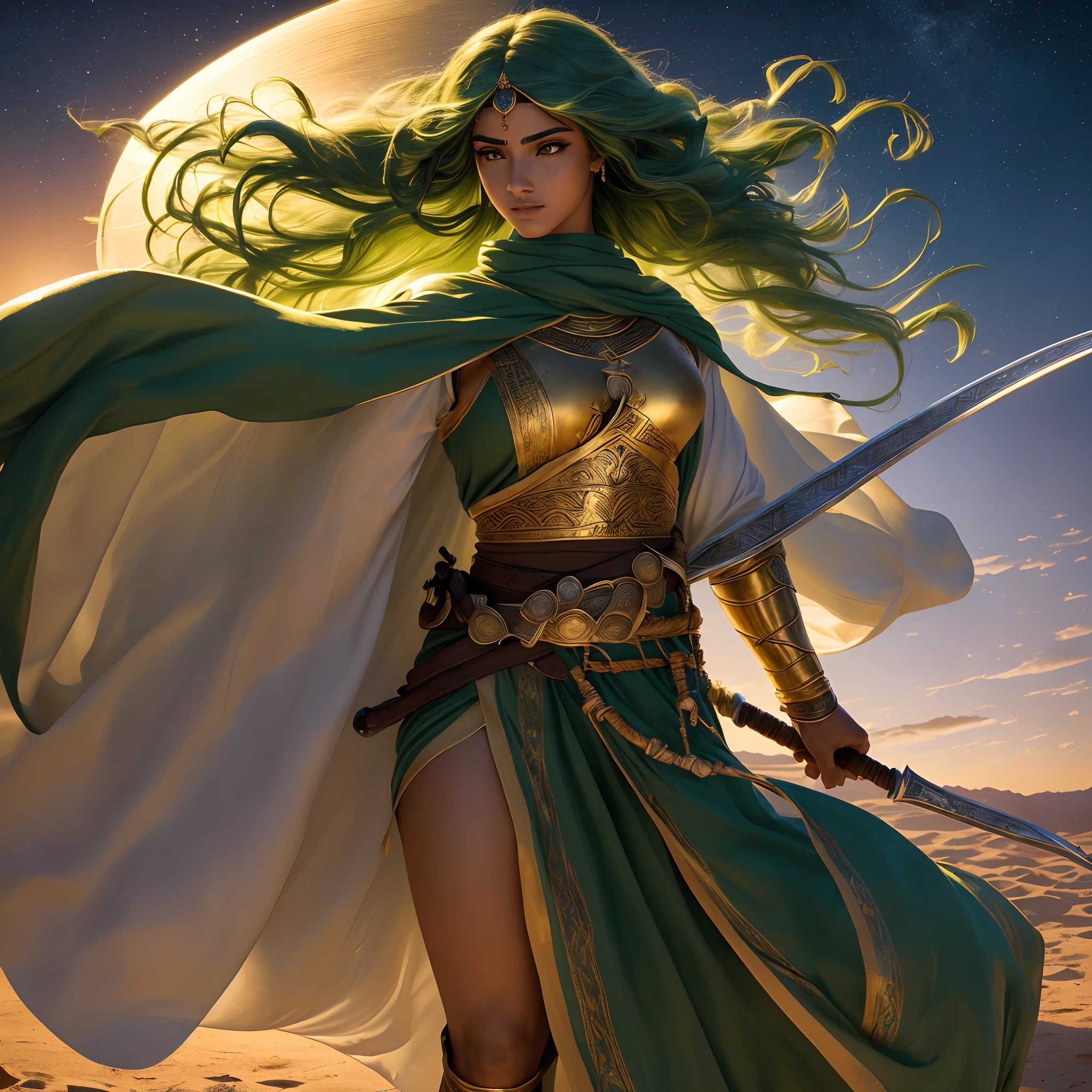 ( obra-prima ), ( UHD ), ( perfect  lighting ), ( Construction of the body of delicate character ), ( Simetria do rosto da personagem perfeitos ), ( 8k ), A beautiful Arab warrior with Arab swords, cabelo liso, olhos verdes, Arab warrior clothing, ( flowing hair there wind ), golden tunic, ( fluttering tunic), Arab scenery at night