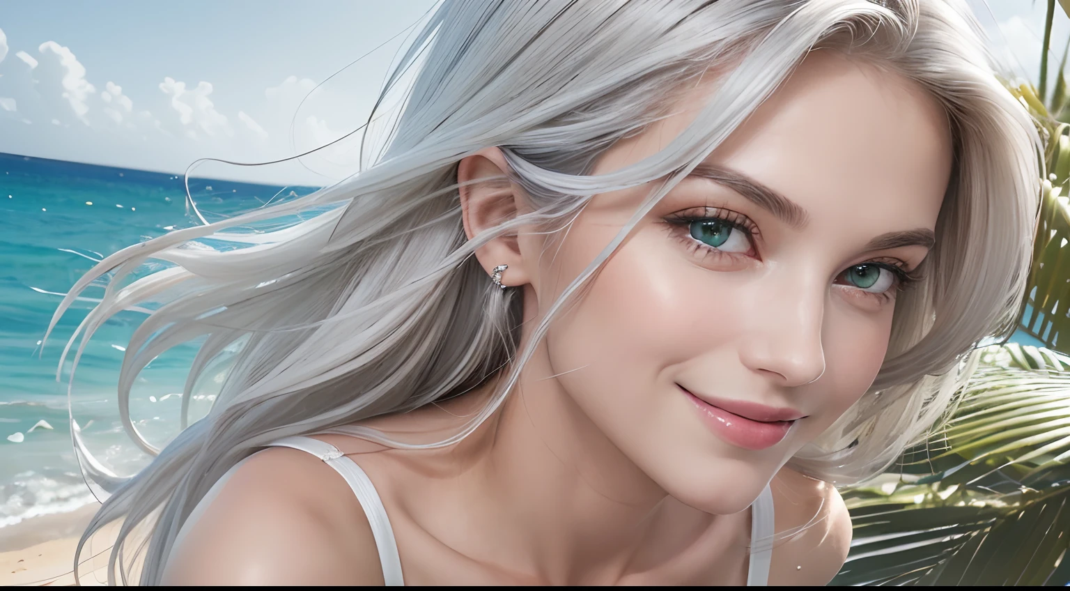 (Masterpiece, Best Quality, Photorealistic, high resolucion, photography, :1.3), (Woman in her 40s, )Close-up shots of faces, Close-up shots of faces, Close-up shots of faces,  Sharp focus, (1 Girl, A European girl, Popular models), Realistic skin, Slender body type, Big breasts, (Her long, Pure white silver hair swept to the side, extremely detailed hair), Delicate sexy face, Organoleptic gases, Sparkling lips,(green pupil),(green pupil),(green pupil), ((realisitic, A hyper-realistic, realism, realistic detailed)), (Medium Tits:1.5), (White tank top T-shirt and ripped jean shorts), (A slender waist), (slim thigh), (Small hips), (Sorrisos),  (seaside, waves, palm tree) (seaside, waves, palm tree), (Long straight hair), A woman is standing, (Sorrisos), (Sorrisos)