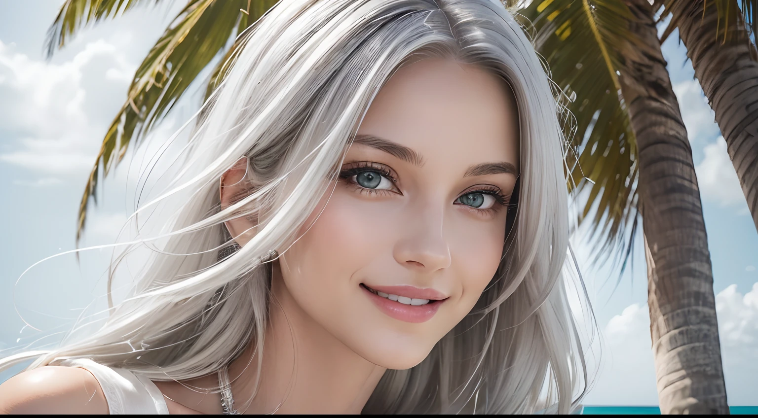 (Masterpiece, Best Quality, Photorealistic, high resolucion, photography, :1.3), (Woman in her 40s, )Close-up shots of faces, Close-up shots of faces, Close-up shots of faces,  Sharp focus, (1 Girl, A European girl, Popular models), Realistic skin, Slender body type, Big breasts, (Her long, Pure white silver hair swept to the side, extremely detailed hair), Delicate sexy face, Organoleptic gases, Sparkling lips,(green pupil),(green pupil),(green pupil), ((realisitic, A hyper-realistic, realism, realistic detailed)), (Medium Tits:1.5), (White tank top T-shirt and ripped jean shorts), (A slender waist), (slim thigh), (Small hips), (Sorrisos),  (seaside, waves, palm tree) (seaside, waves, palm tree), (Long straight hair), A woman is standing, (Sorrisos), (Sorrisos)