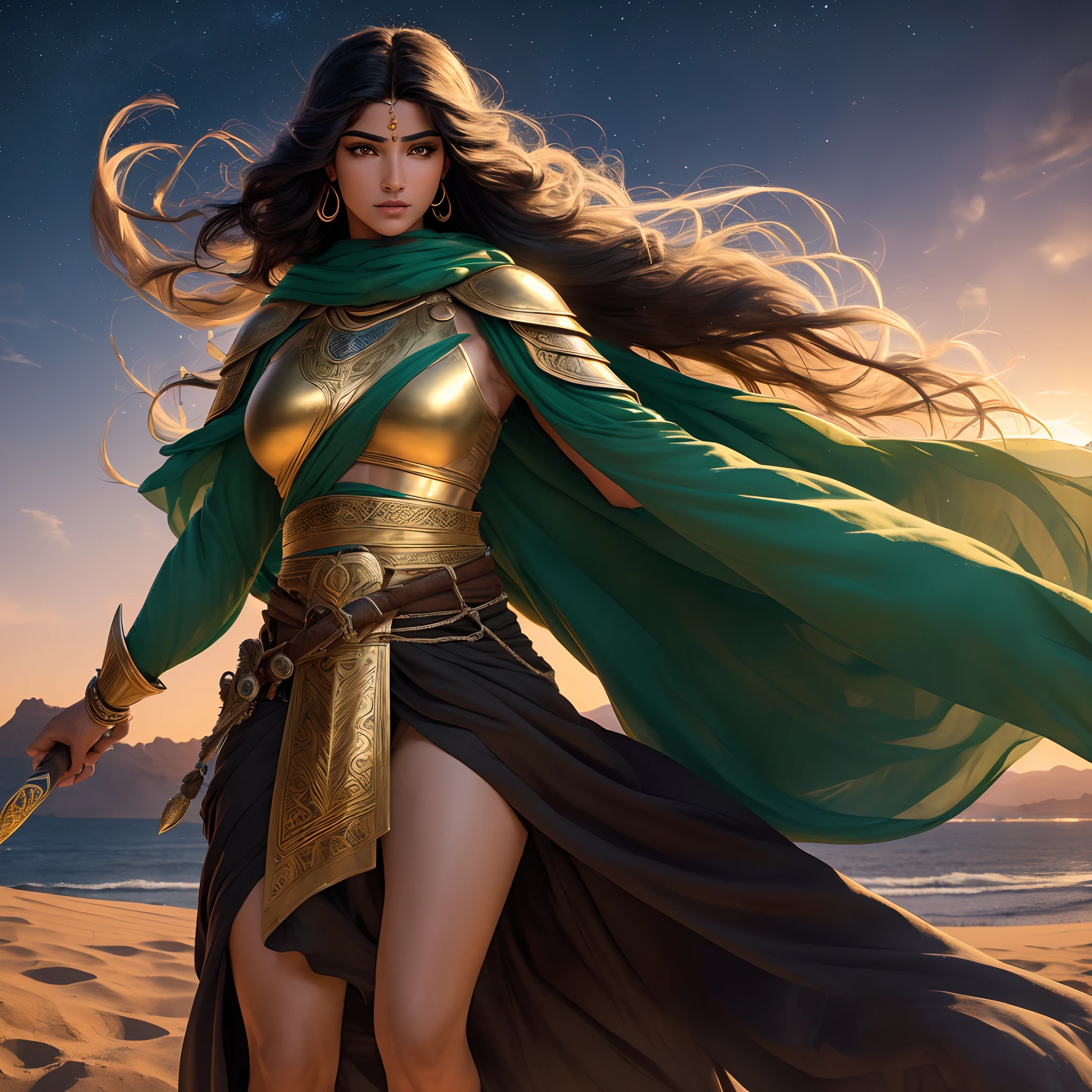 ( obra-prima ), ( UHD ), ( perfect  lighting ), ( Construction of the body of delicate character ), ( Simetria do rosto da personagem perfeitos ), ( 8k ), A beautiful Arab warrior with Arab swords, cabelo liso, olhos verdes, Arab warrior clothing, ( flowing hair there wind ), golden tunic, ( fluttering tunic), Arab scenery at night