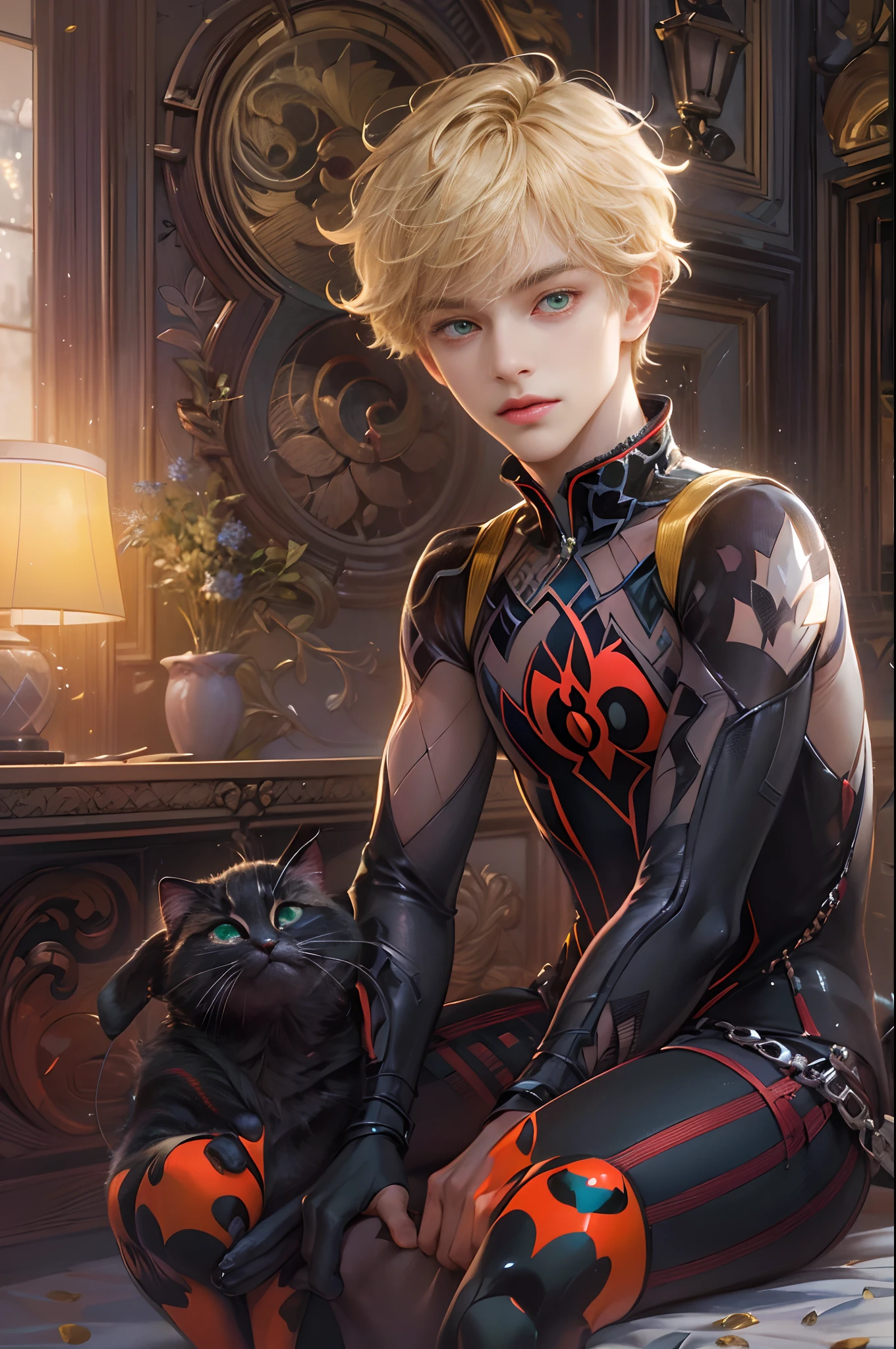 (absurdres, highres, ultra detailed, HDR), masterpiece, best quality, 1 boy , young boy, male, short blonde hair, handsome face, green anime eyes, miraculous ladybug character, adrien, chat noir , detailed interior, detailed character