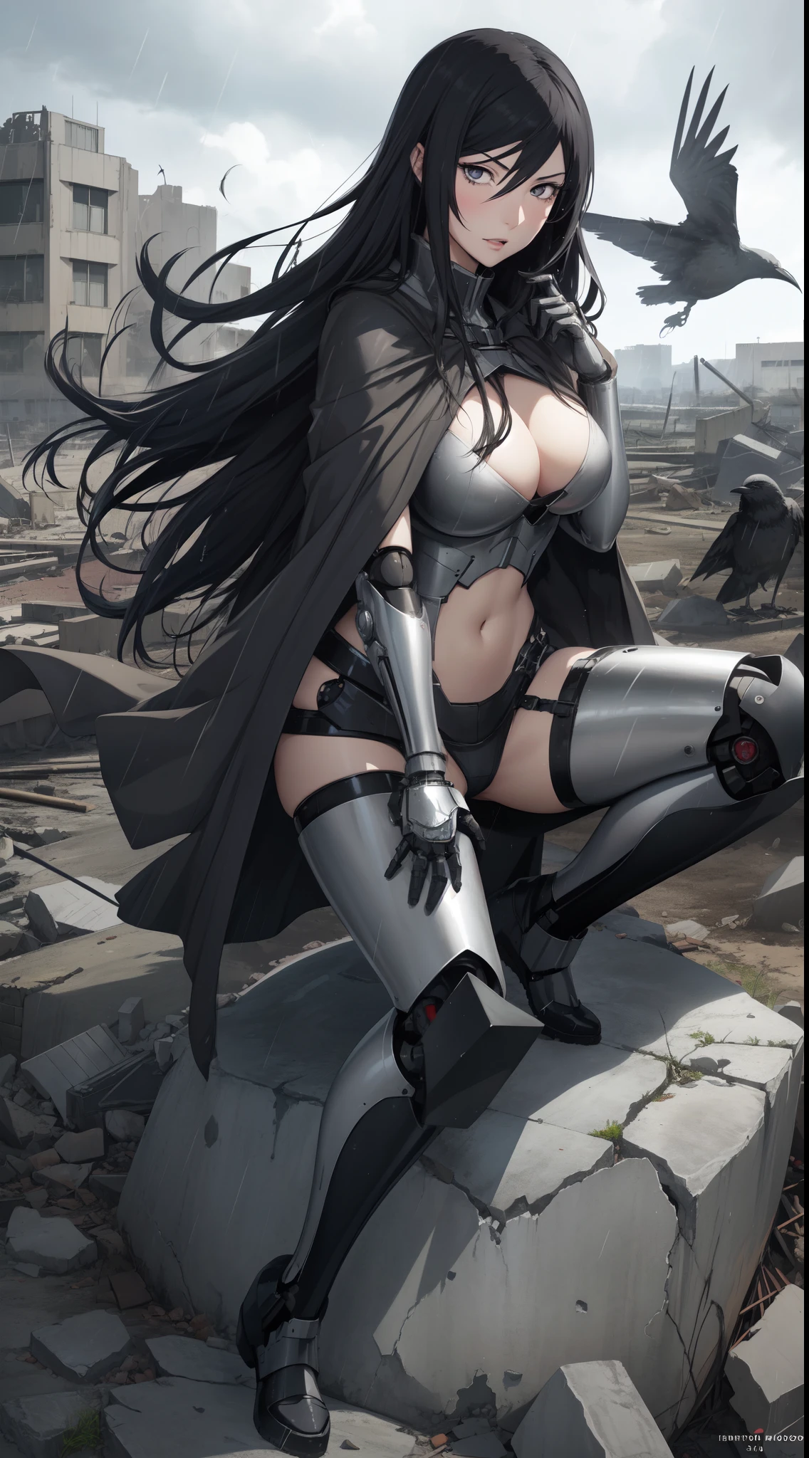 (ANIME ART STYLE), Kurihara Mari from prison school, black long hair, grey eyes, blushing, joyful expression, (wears robotic Armor, cape), sitting on a rock in a destroyed city, rainy weather, dramatic shadows, crows in the sky,