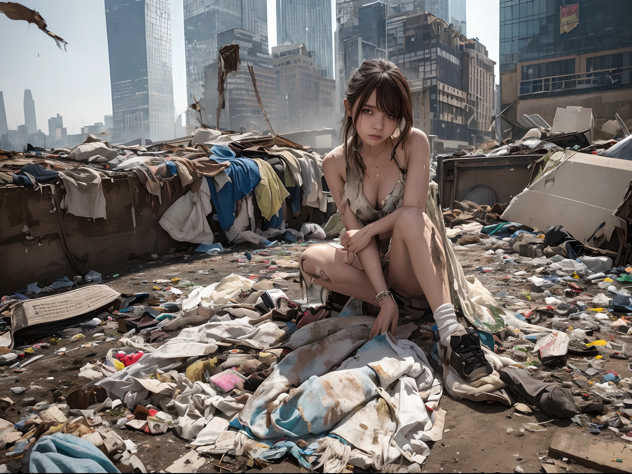 In a large garbage dump, an angel (Full body) is dressed in torn and rotten clothes that seem to blend seamlessly into the surroundings, against the background of New York skyscrapers, Her hair is unkempt and tangled, and her skin is covered with dirt and grime.