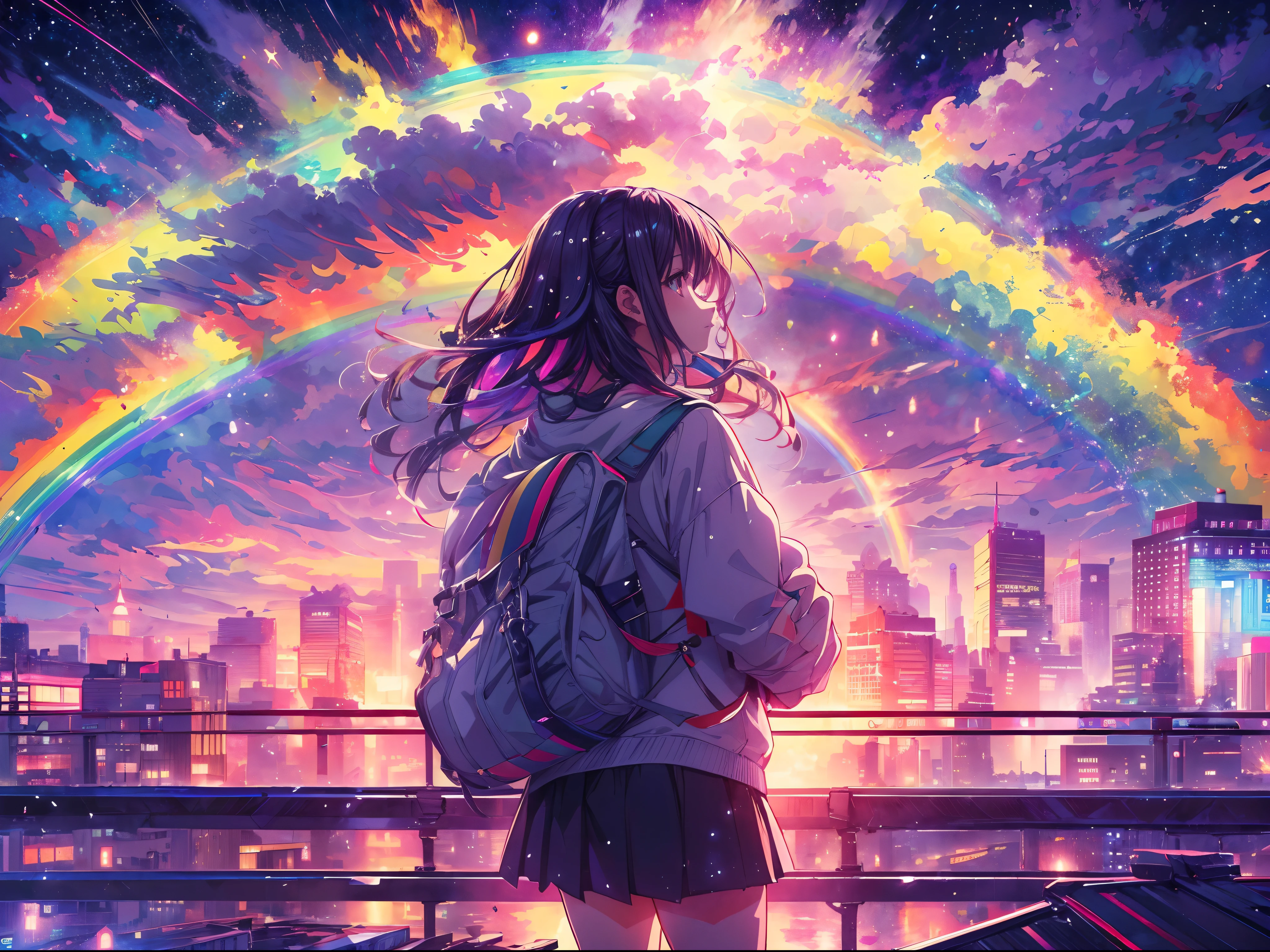 (best quality,4k,8k,highres,masterpiece:1.2), ultra-detailed,, HDR, UHD, studio lighting, ultra-fine painting, sharp focus, physically-based rendering, extreme detail description, professional, vivid colors, bokeh, portraits, anime, concept artists, starry night, rooftop, rainbow, night sky, longhaired girl, standing, anime art wallpaper 8k, 4k anime wallpaper,(Masterpiece: 1.2), (Best Quality), 4k, Ultra Detailed, (Dynamic Composition: 1.4), Rich in Detail and Color, (Rainbow Color: 1.2), (Glow, Atmospheric Lighting), Dreamy, Magical, (Solo: 1.2),