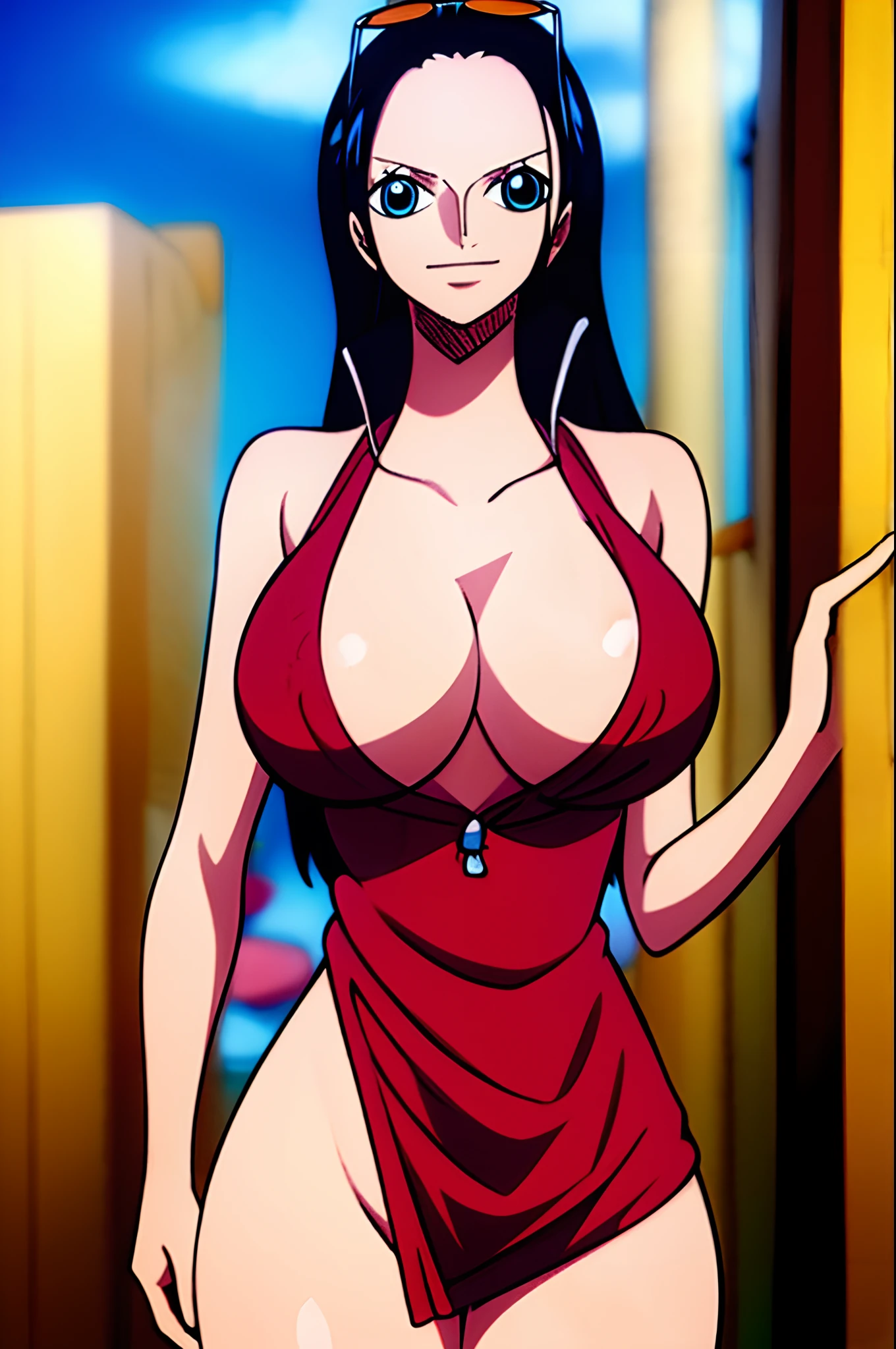 nico from One Piece naked, without clothes, Her nipples are visible, Big breasts, Big thighs, black hair, blue eyes, 8k, Perfect quality.