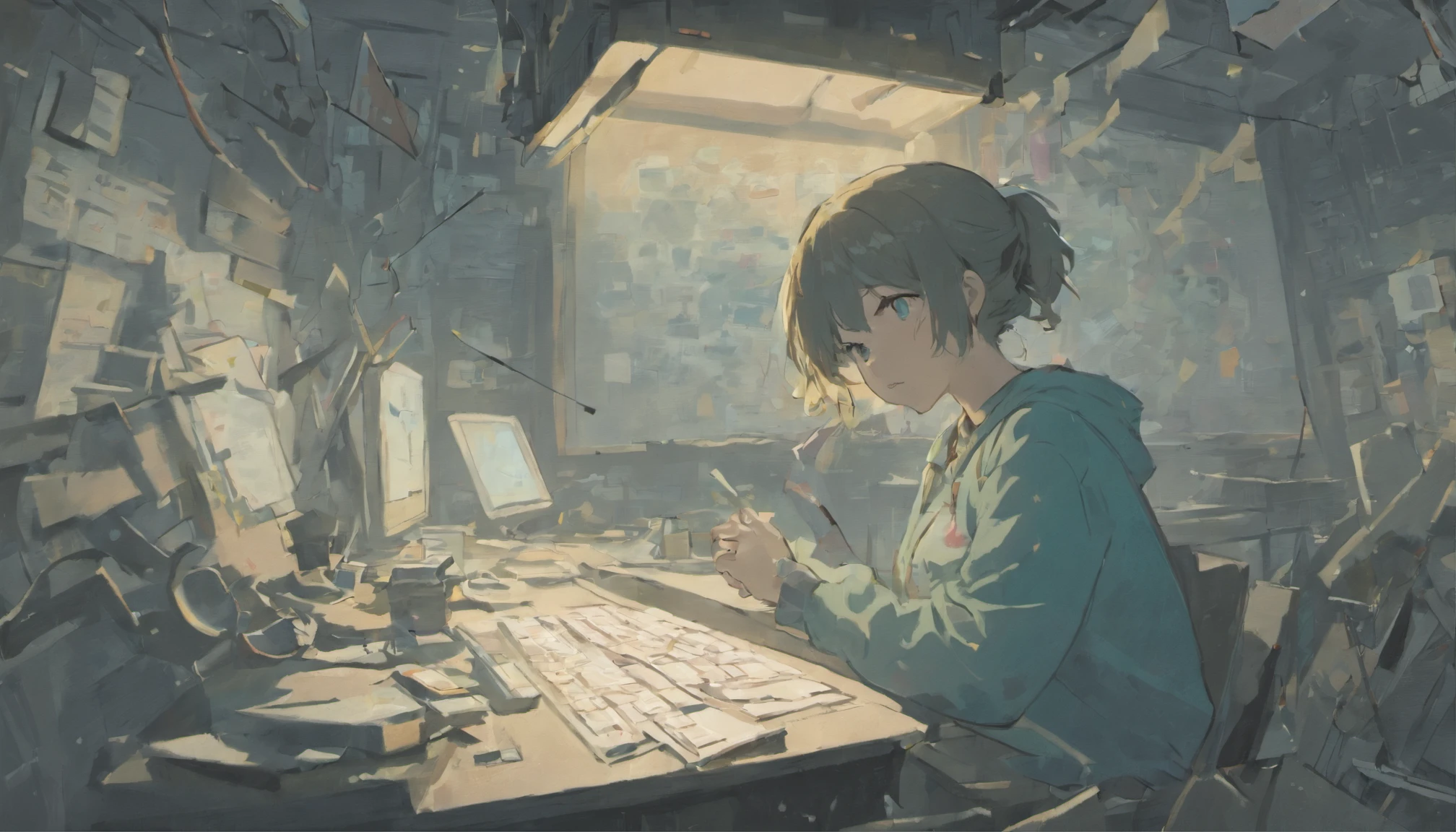 Left - No AI used: Background: A grayscale color scheme representing inactivity and dullness. Foreground: A person who looks stressed out, surrounded by post-it notes, paper, and a cluttered desk. There is a clock on the desk that shows the passage of time. The person is holding the phone, and their expression is one of frustration. Middle ground: A blank screen appears, symbolizing that it is not used as a disabled robot or AI device. Transition - Mid-Image: Integrating elements that show change: a gradual change in color from grayscale to vibrant colors, a literal representation of a sun rising or being "awakened" by a ray of light from an AI device. Foreground: Humans begin to interact with AI. Your posture will become more comfortable. The clutter on your desk begins to organize itself, and AI