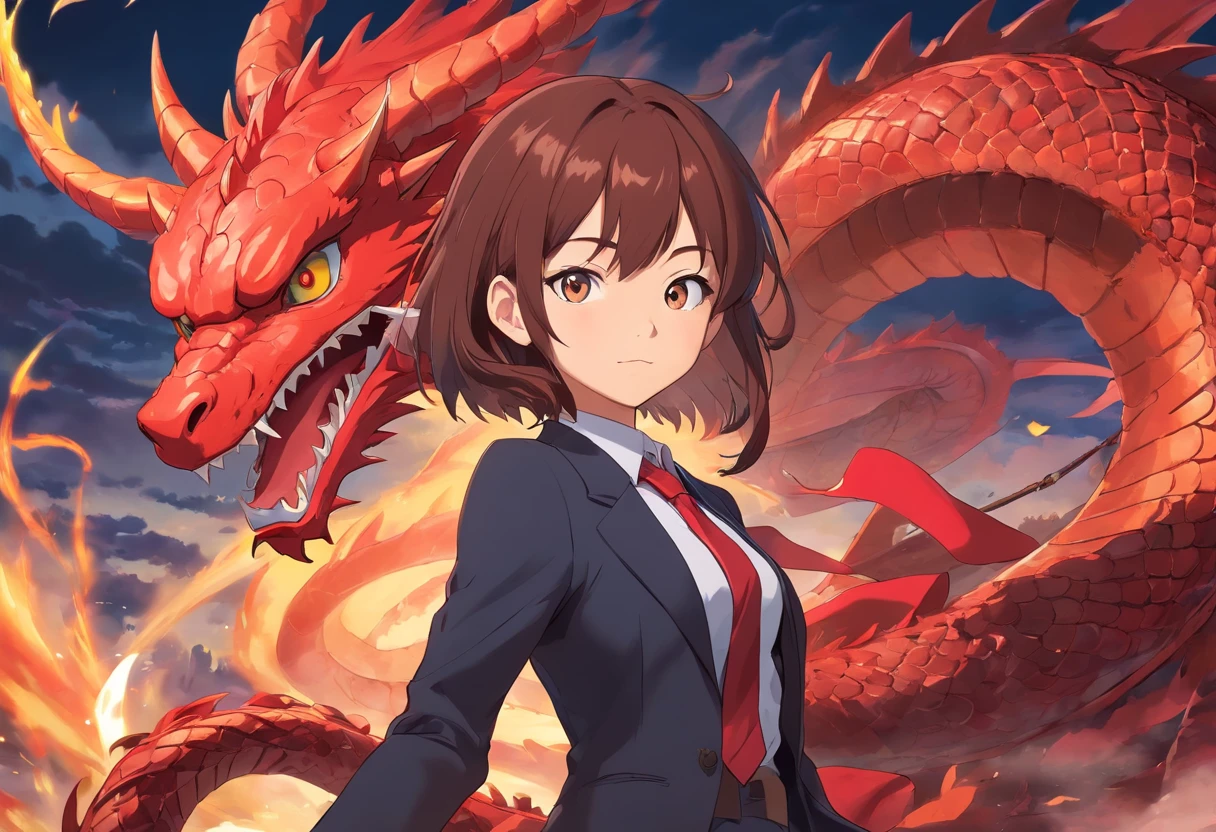 anime girl in a suit and tie with a dragon in the background, dragon - inspired suit, by Yang J, human and dragon fusion, pretty Japanese demon girl, pretty girl in demon slayer art, epic and classy portrait, trendin on artstation, crimson attire, black and red suit, highly detailed exquisite fanart, pretty female vampire