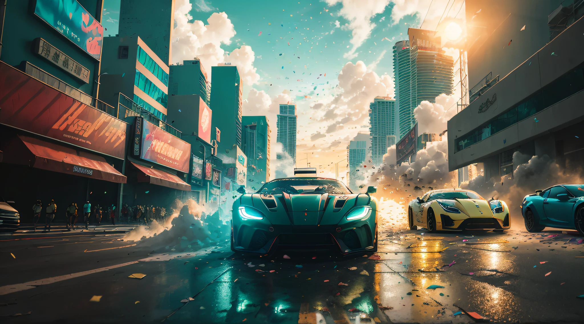 Bright sunny day, beautiful cloudy sky, sunset, sports car, cyberpunk, Miami city streets, neon signs and crowds, confetti fragments, dust, wind volumetric fog, exciting epic action camera, professional majestic oil painting（真实感：1.2）（Image size：16：9）（Best Quority）(cinematiclight)