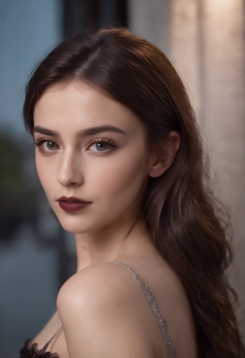 RAW photo of young Greek woman, color photograph, half length picture, close up portrait, ((a realistic photo of a beautiful young 18yo girl)), shadows, ((silver wing eyeliner)), (dark lipstick), ((pale iridescent skin)), dark eyes, leaning towards viewer, looking at viewer, sensual, erotic pose, smirk, shy, expressive hair, (dark hair), perfect facial features, perfect realistic skin, high quality, very detailed face, night, small breasts, futuristic model, perfect facial features