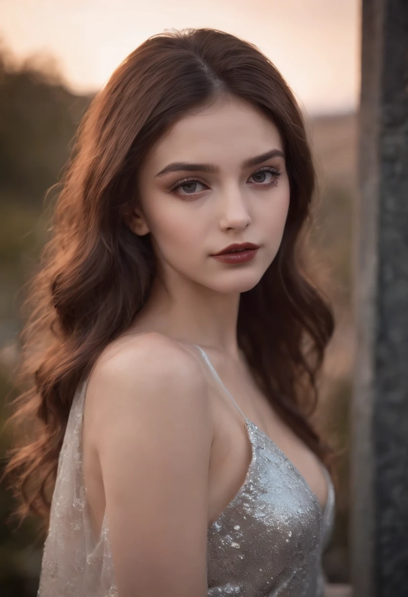 RAW photo of young Greek woman, color photograph, half length picture, close up portrait, ((a realistic photo of a beautiful young 18yo girl)), shadows, ((silver wing eyeliner)), (dark lipstick), ((pale iridescent skin)), dark eyes, leaning towards viewer, looking at viewer, sensual, erotic pose, smirk, shy, expressive hair, (dark hair), perfect facial features, perfect realistic skin, high quality, very detailed face, night, small breasts, futuristic model, perfect facial features
