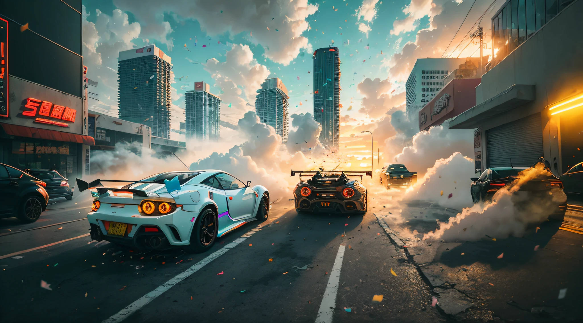 Bright sunny day, beautiful cloudy sky, sunset, sports car, cyberpunk, Miami city streets, neon signs and crowds, confetti fragments, dust, wind volumetric fog, exciting epic action camera, professional majestic oil painting(真实感:1.2)(Image size:16:9)(Best Quority)(cinematiclight)