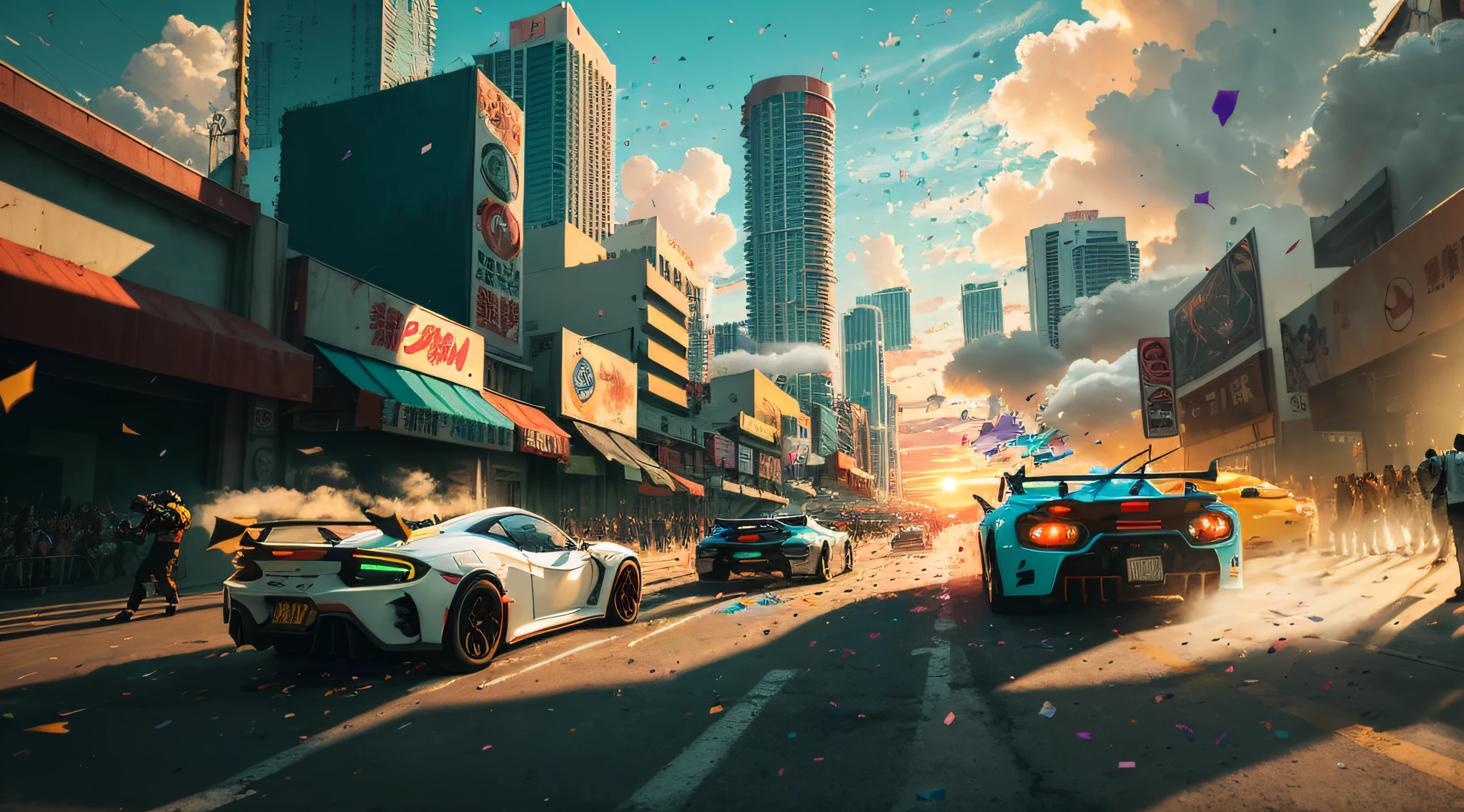 Bright sunny day, beautiful cloudy sky, sunset, sports car, cyberpunk, Miami city streets, neon signs and crowds, confetti fragments, dust, wind volumetric fog, exciting epic action camera, professional majestic oil painting（真实感：1.2）（Image size：16：9）（Best Quority）(cinematiclight)