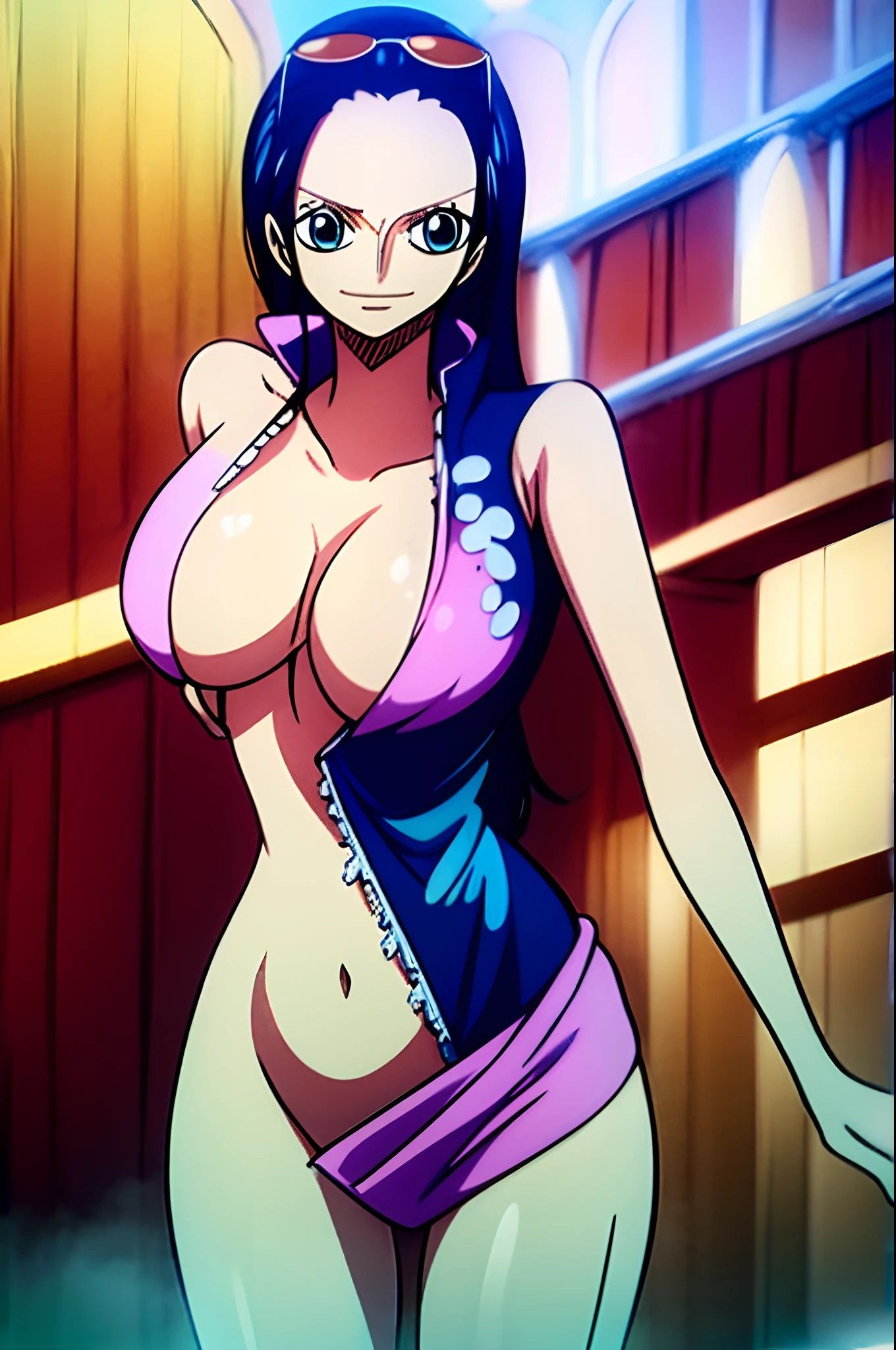 nico from One Piece naked, without clothes, Her nipples are visible, Big breasts, Big thighs, black hair, blue eyes, 8k, Perfect quality.