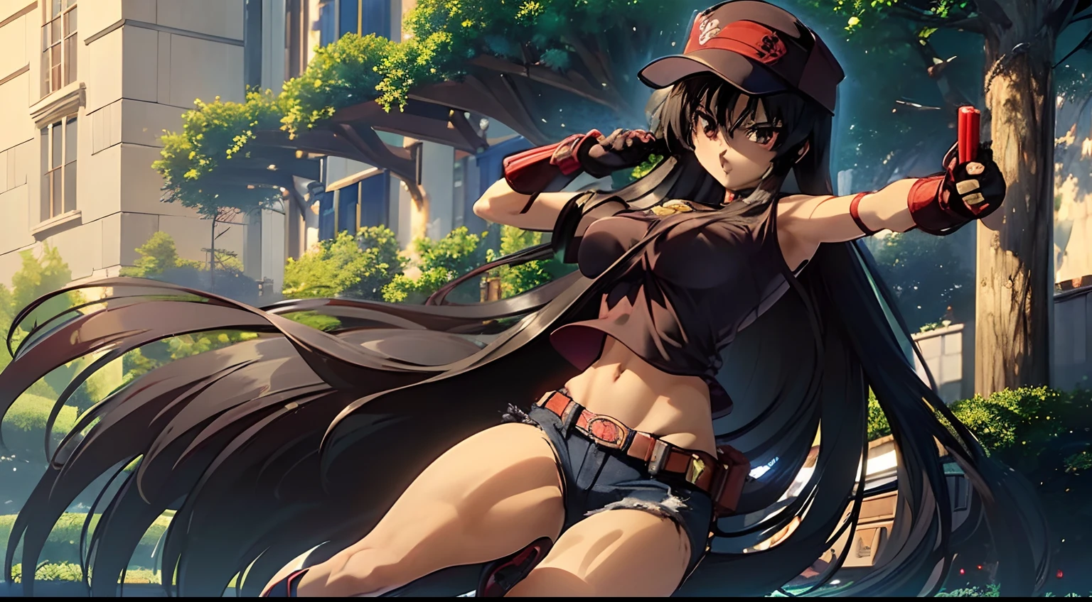 akame , (masterpiece, best quality), beautiful red eyes,shiny skin,sharp eyes,insanely detailed face,contrapposto, (very long hair))),(((solo, 1girl,))), black hair, ((medium breasts)),((cap hat black t- shirt,short jeans )),hair between eyes, ass, big eyes,full body, on streets